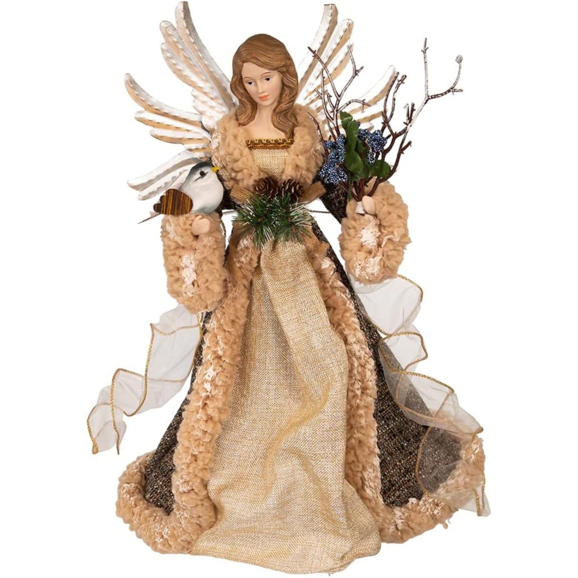Kurt Adler Unlit Treetop, Rustic Glam Angel with Dove and Glittered Accents, 16"