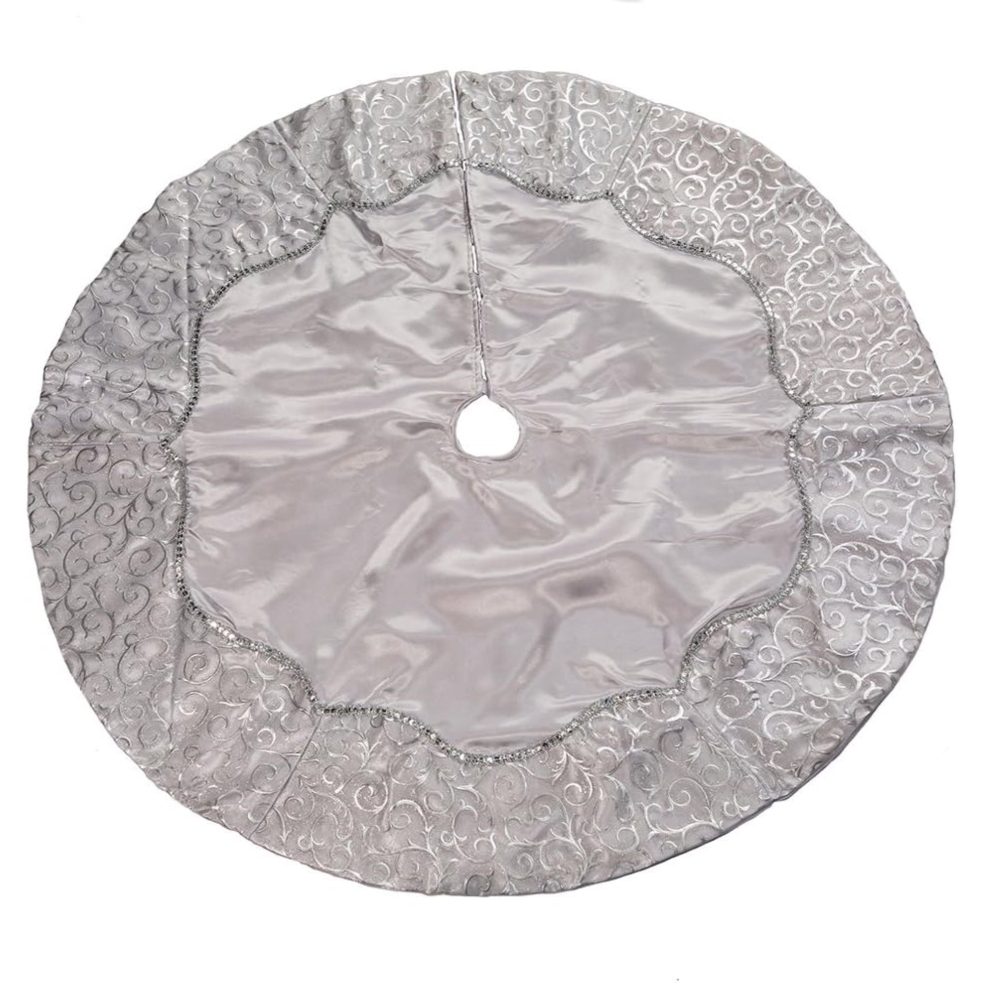 Kurt Adler Christmas Satin Tree Skirt with Sequined Border, Silver, 48in