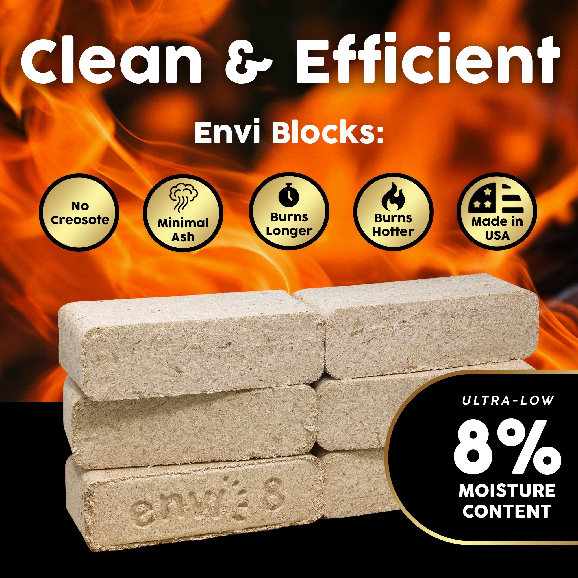 Firewood Central Envi 8 Hardwood Fuel Blocks by Bio-Diversity -100% Natural Compressed Sawdust, High Heat, Long Burn for Fireplaces, Stoves, and Fire Pits (6 Pack)