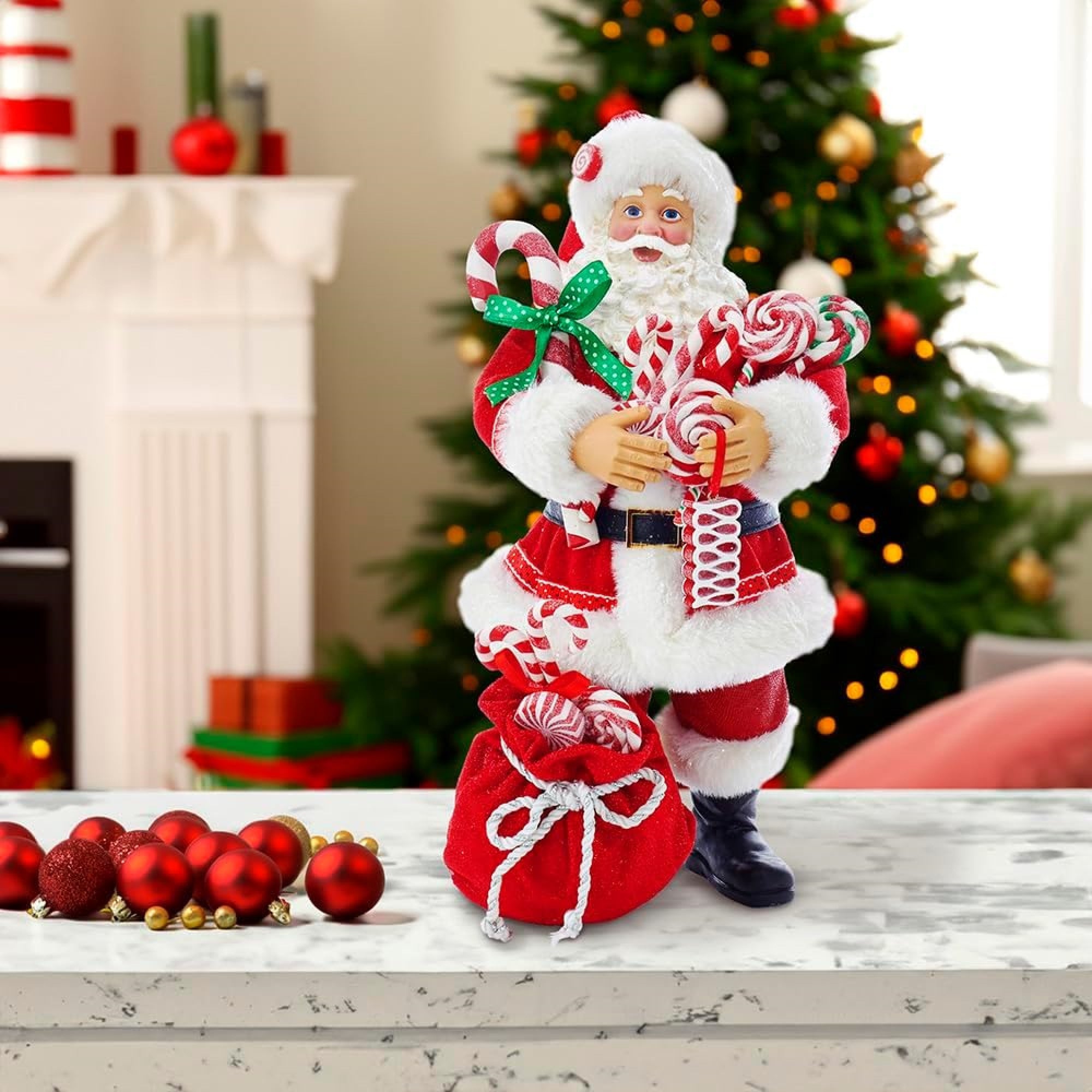 Kurt Adler Fabriche Christmas Figurine, Santa with Christmas Candy & Bag, 10.5in