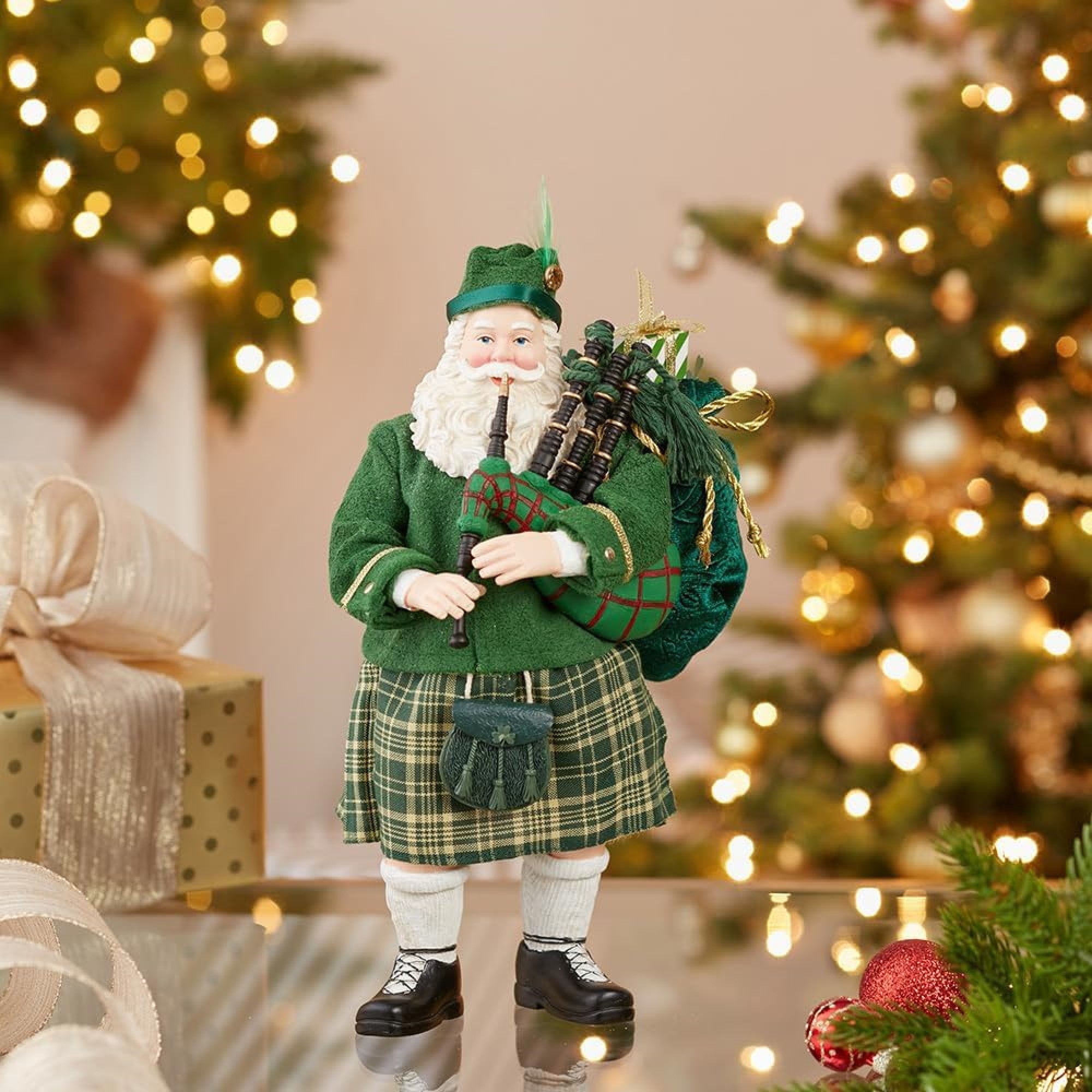 Kurt Adler Fabriche Christmas Figurine, Musical Irish Bagpiper Santa, 10.5in