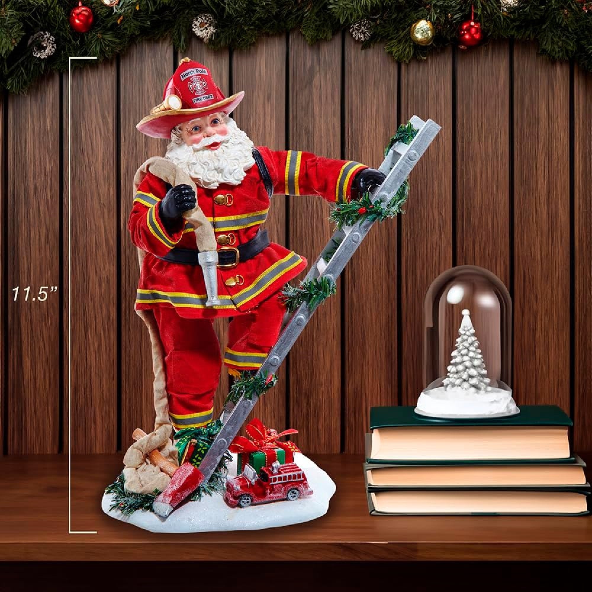 Kurt Adler Fabriche Christmas Figurine, Fireman Santa on Ladder, 11.5in