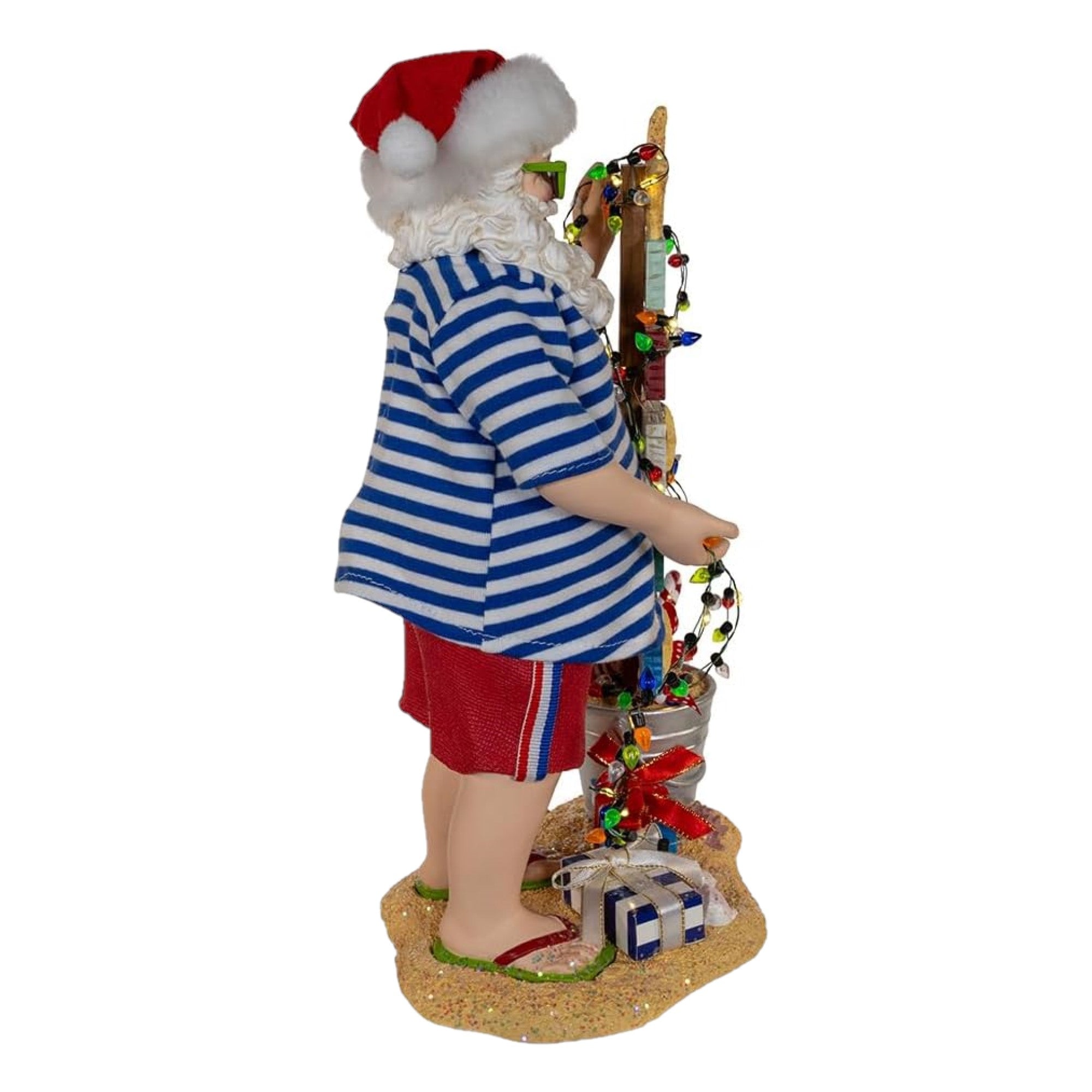 Kurt Adler Battery Operated Fabriche Christmas Figurine, Beach Santa with Lighted Sign, 10.5in
