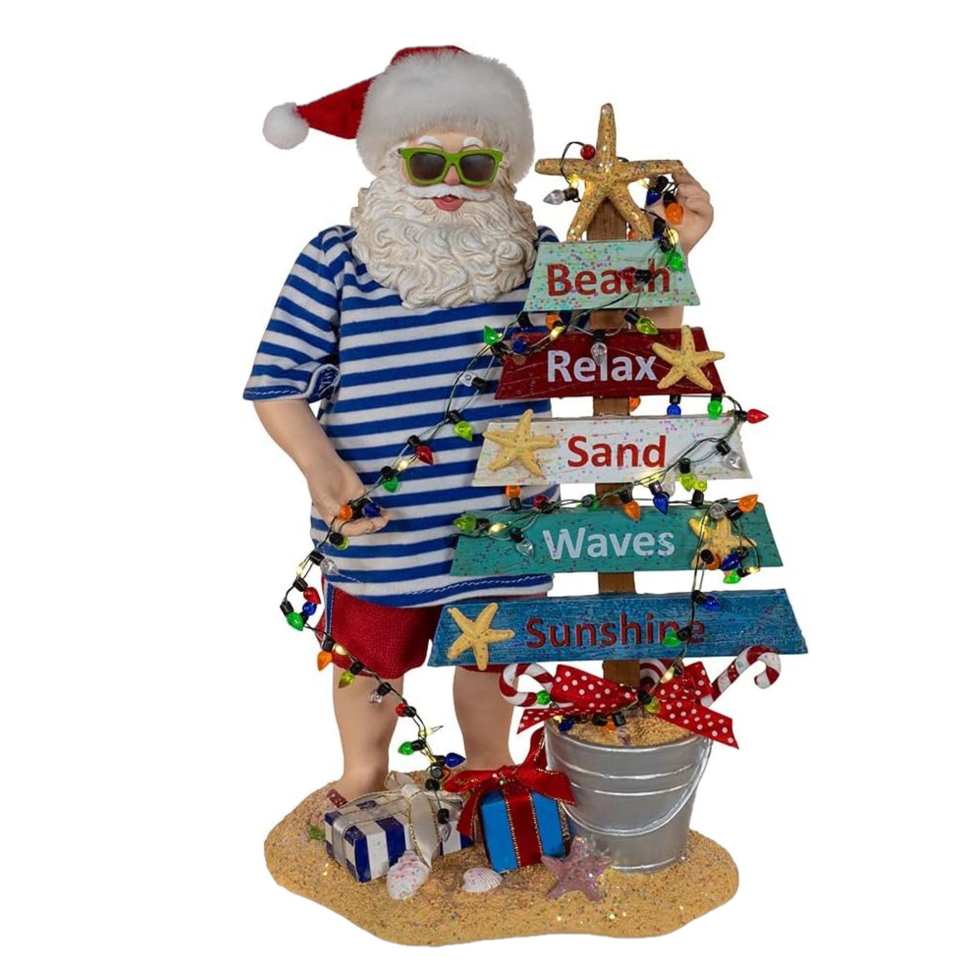 Kurt Adler Battery Operated Fabriche Christmas Figurine, Beach Santa with Lighted Sign, 10.5in