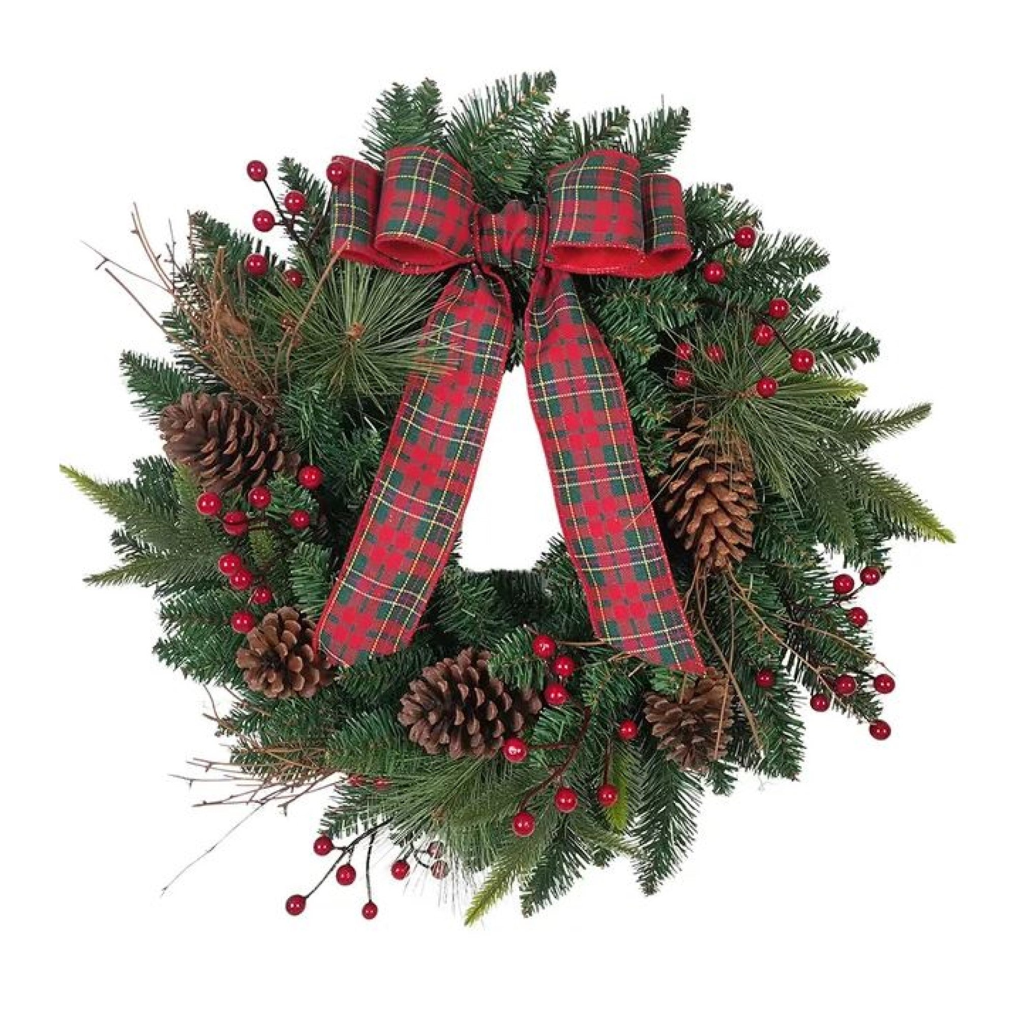 Kurt Adler Unlit Faux Christmas Wreath, Green with Bow, Pinecones & Holly Berries, 21in