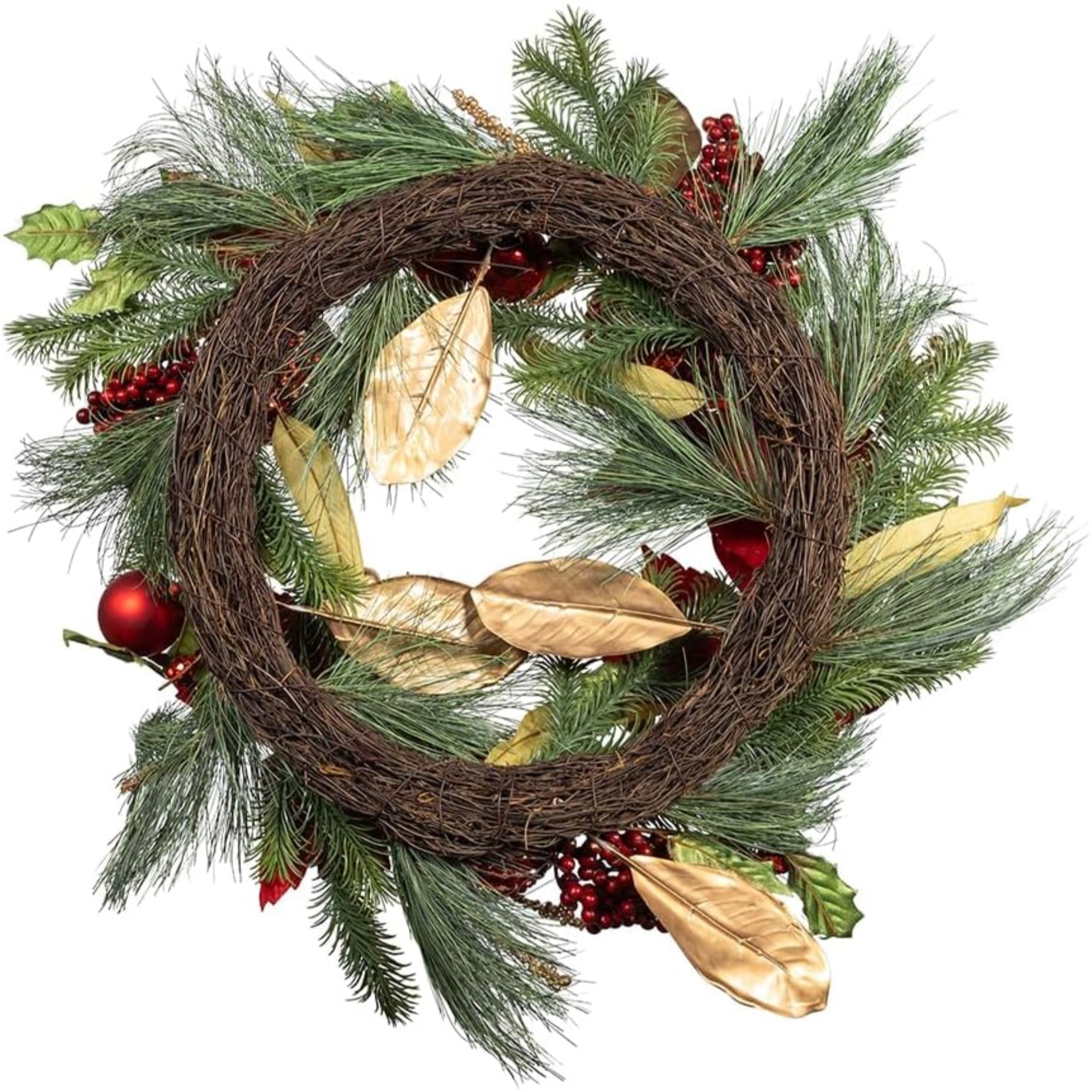 Kurt Adler Unlit Christmas Wreath, Gold and Red Poinsettia, 24in