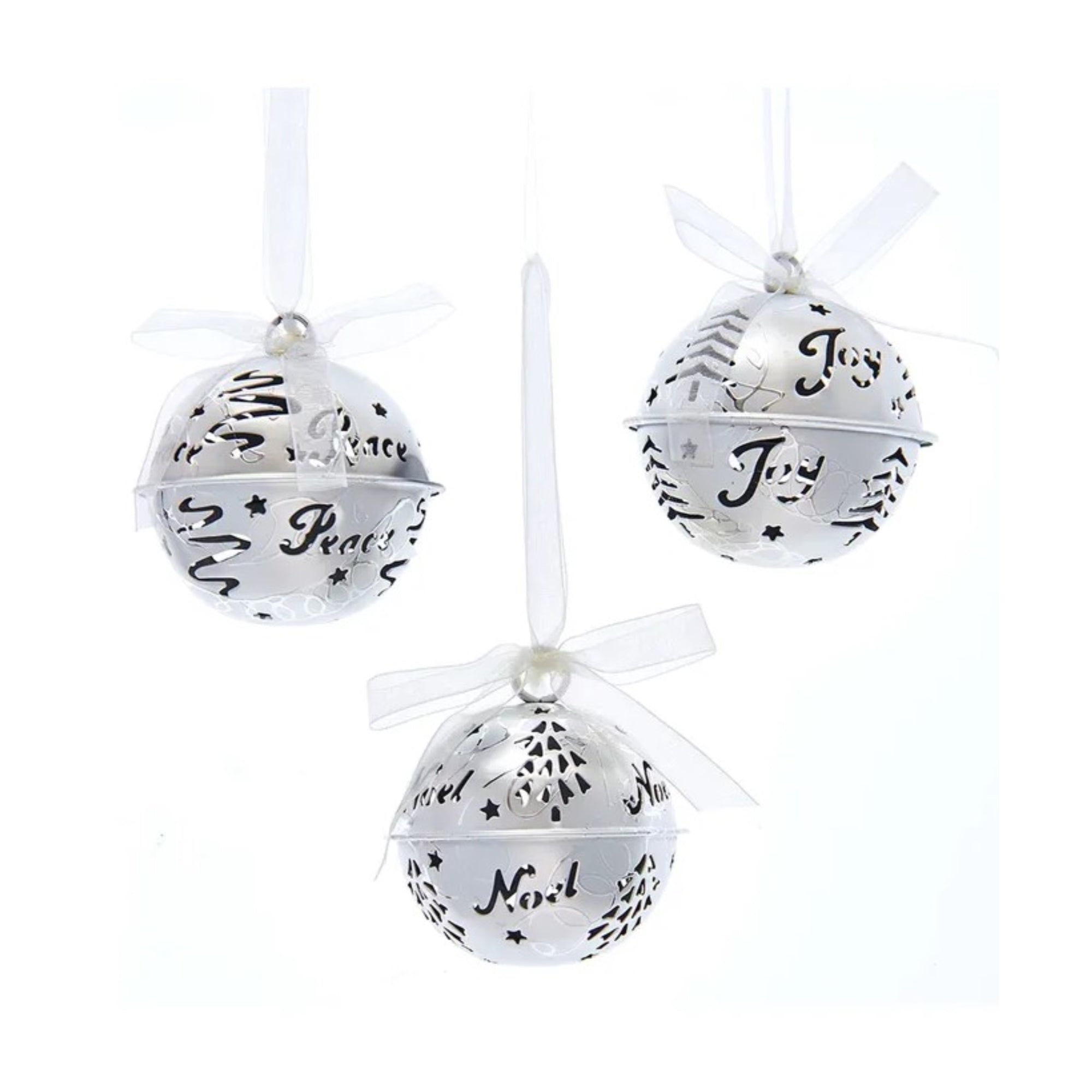 Kurt Adler Metal Ornaments for Christmas Tree, Silver Round Bells - Peace, Joy, Noel, Assorted (Pack of 3)