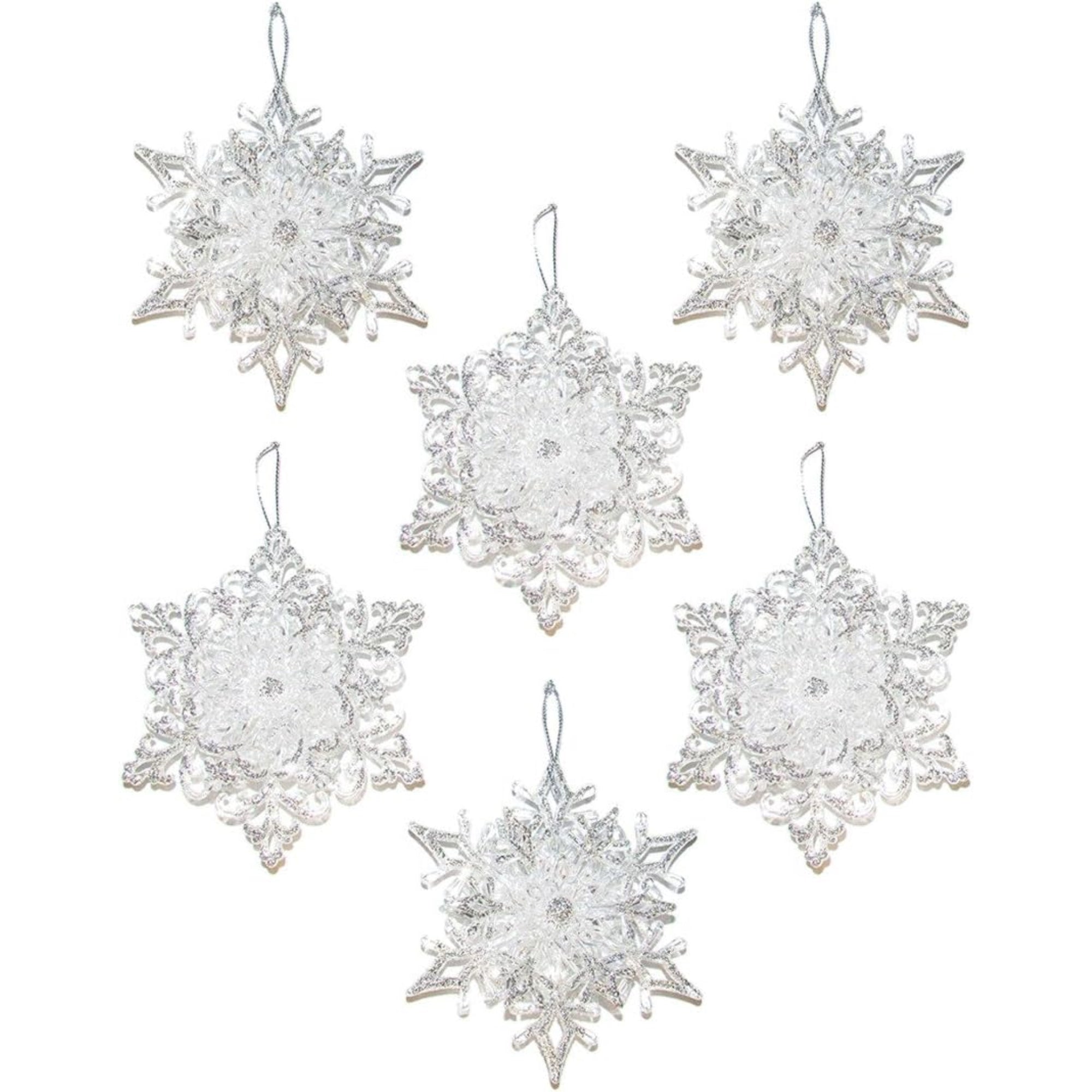 Kurt Adler Plastic Ornaments for Christmas Tree, Snowflakes, Silver Glitter, Assorted (Pack of 6)