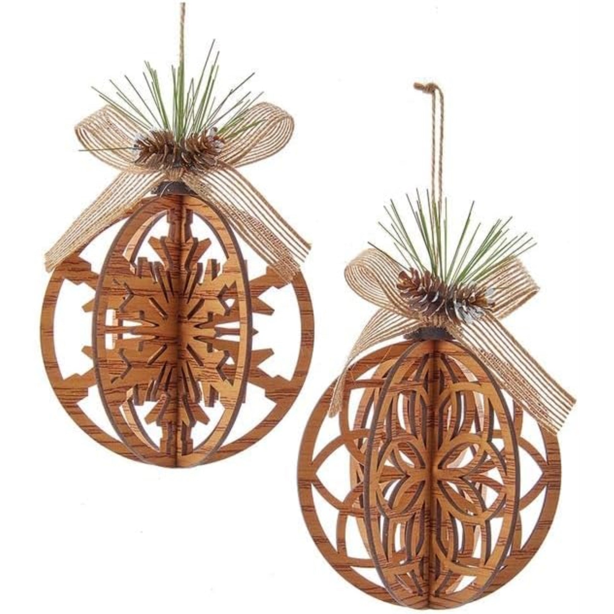 Kurt Adler Wooden Cut-Out 3-D Hanging Ball Ornaments, 2 Assorted, 6.7"