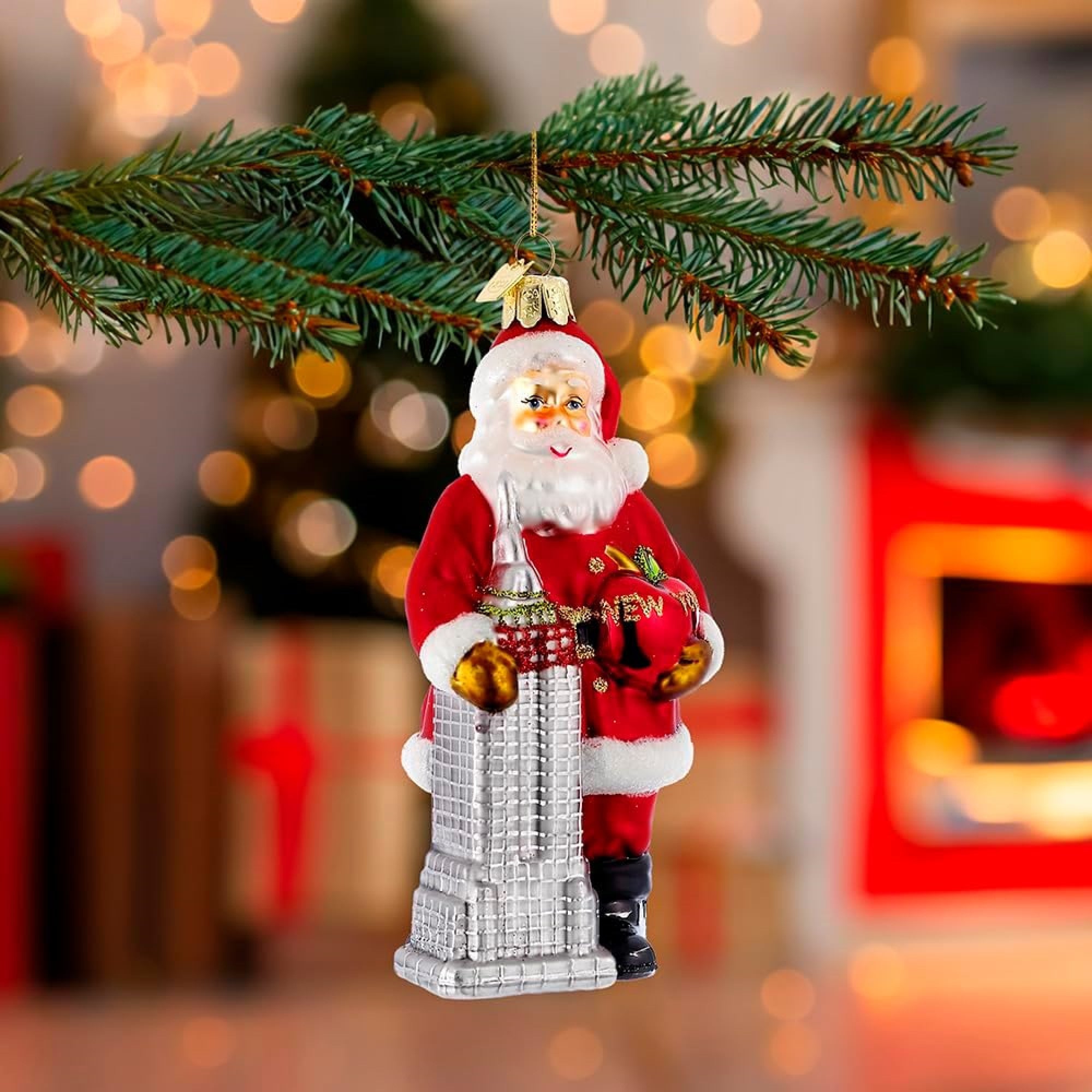 Kurt Adler Noble Gems Glass Ornament for Christmas Tree, Santa with Empire State Building