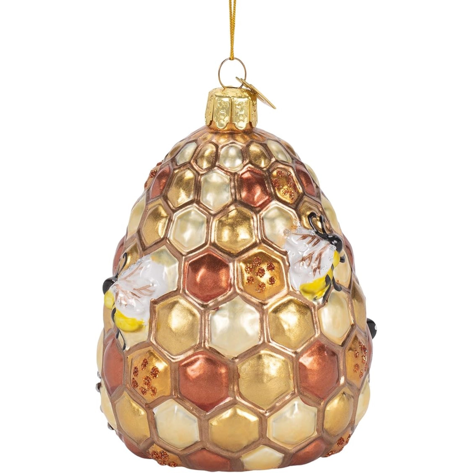 Kurt Adler Noble Gems Glass Ornament for Christmas Tree, Beehive with Bees
