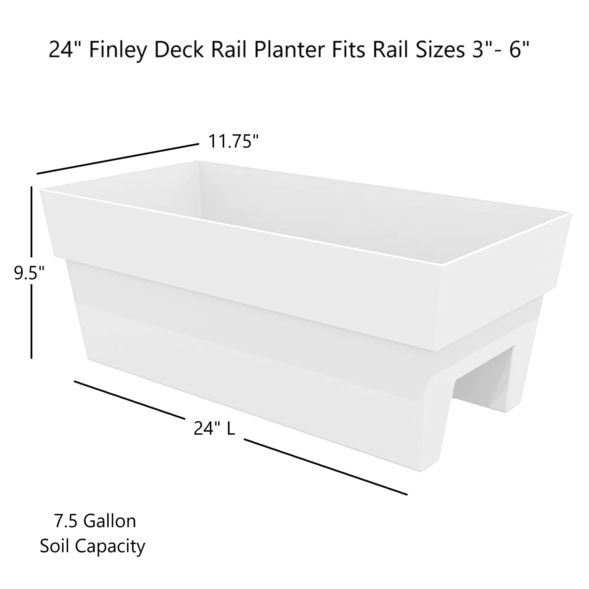 Bloem Indoor/Outdoor Recycled Plastic Finley Deck Rail Rectangle Planter Box, Fits Rail Sizes 3"-6", 7.5 Gallon Capacity
