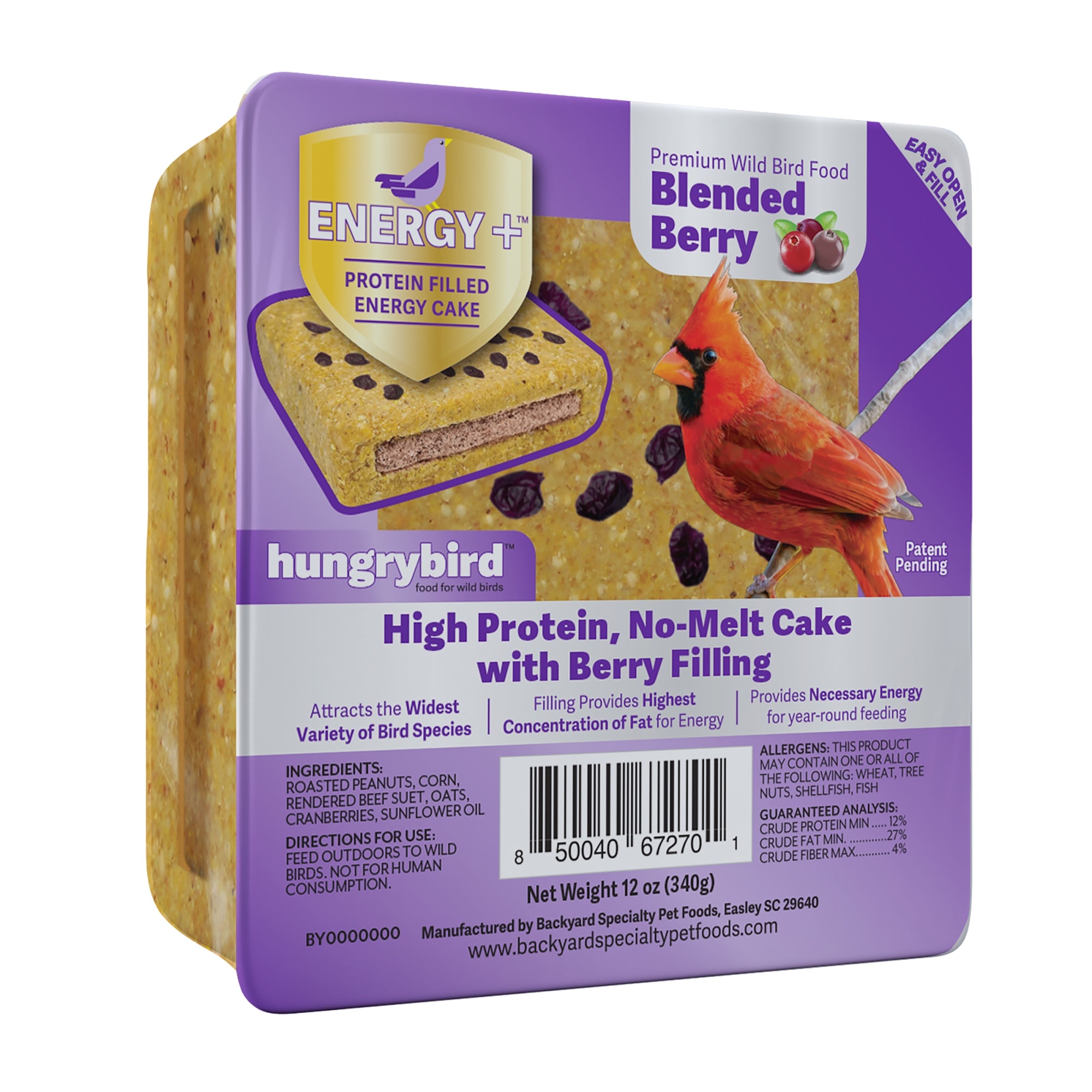 Hungrybird Energy+ No-Melt, High-Protein Suet Cake with Berry Filling for Outside Wild Bird Feeders