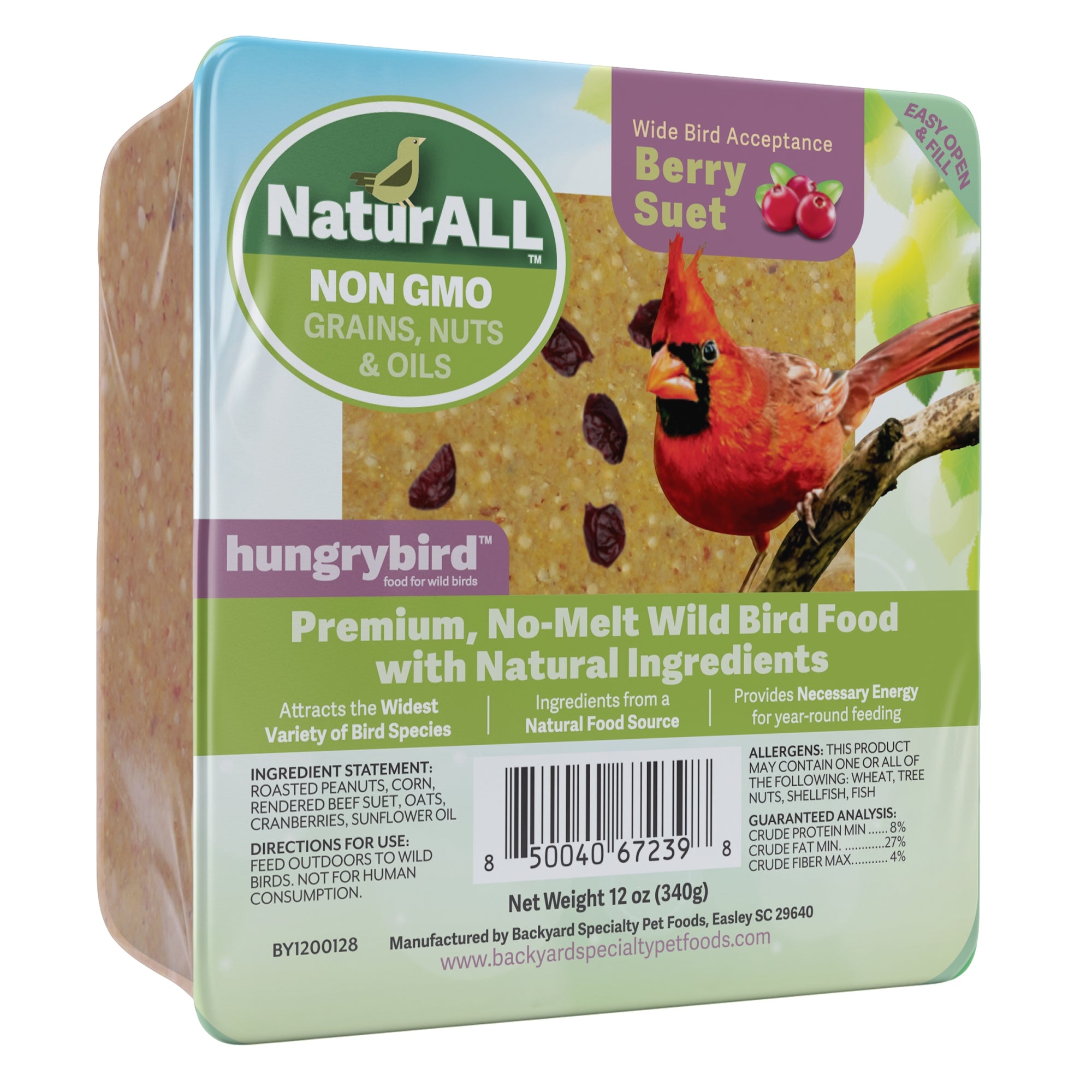 Hungrybird NaturAll Non-GMO, High-Protein Berry Suet Cake for Outside Wild Bird Feeders
