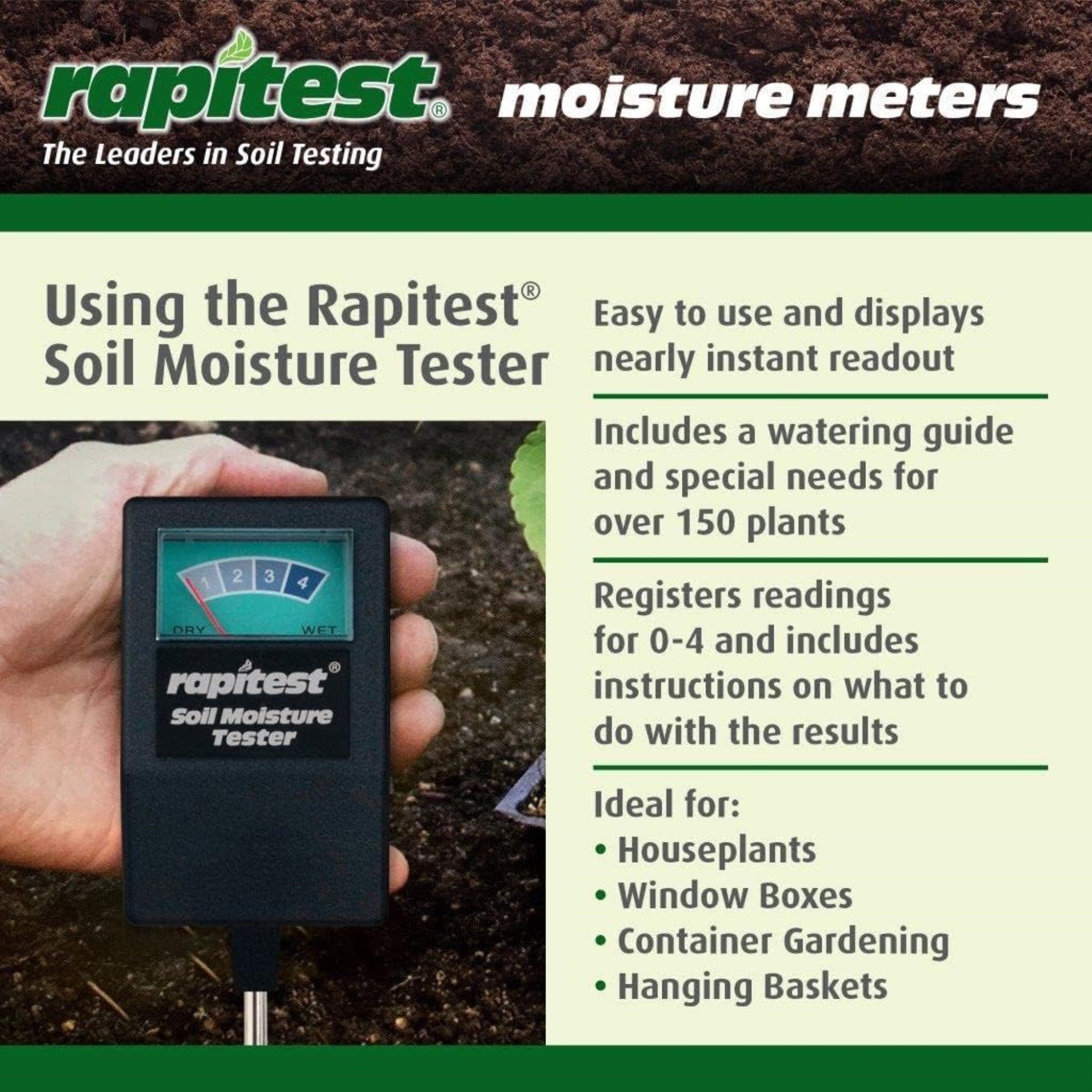 Luster Leaf Rapitest Soil Moisture Tester - Plant Watering Indicator, Prevents Over-watering, Indoor or Outdoor