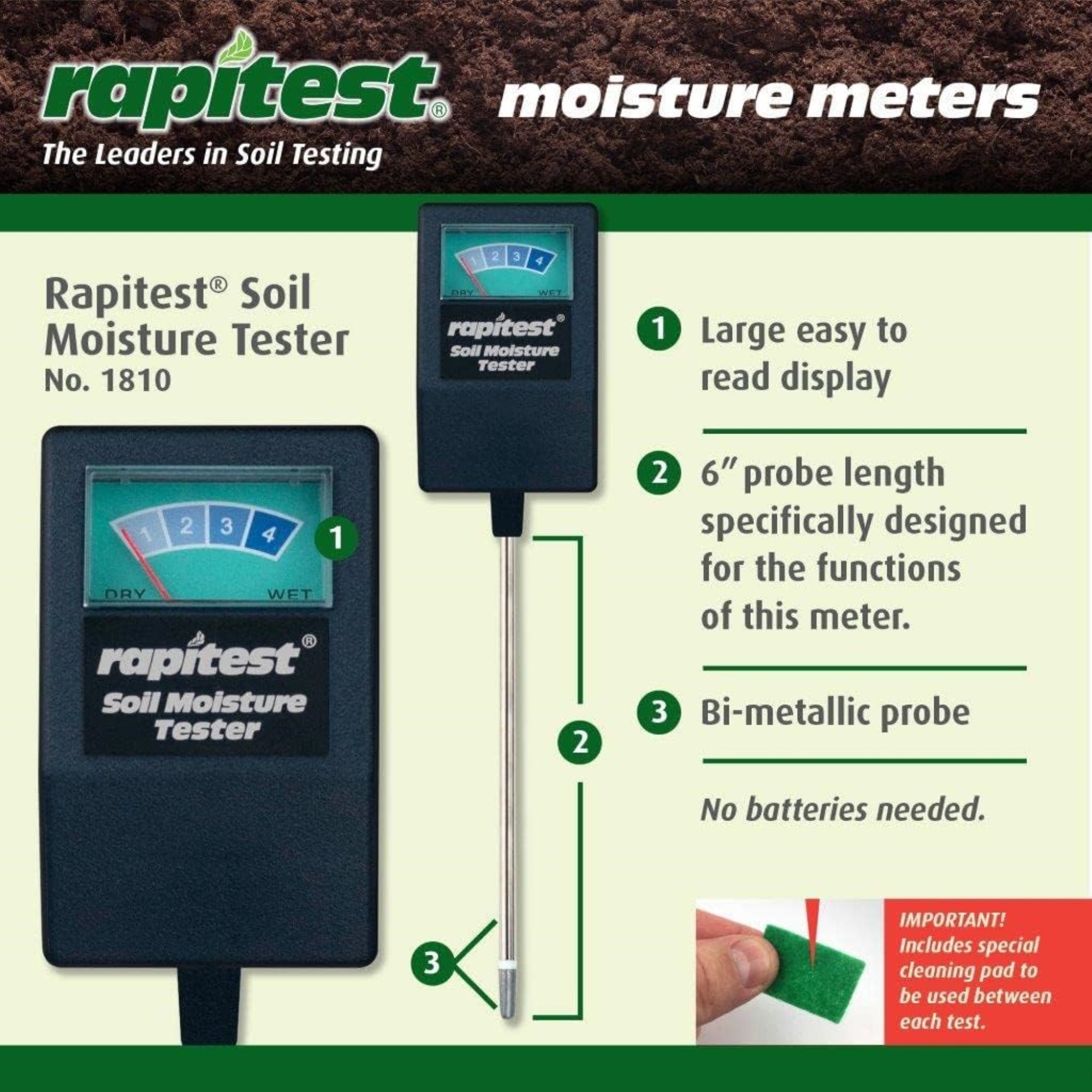 Luster Leaf Rapitest Soil Moisture Tester - Plant Watering Indicator, Prevents Over-watering, Indoor or Outdoor