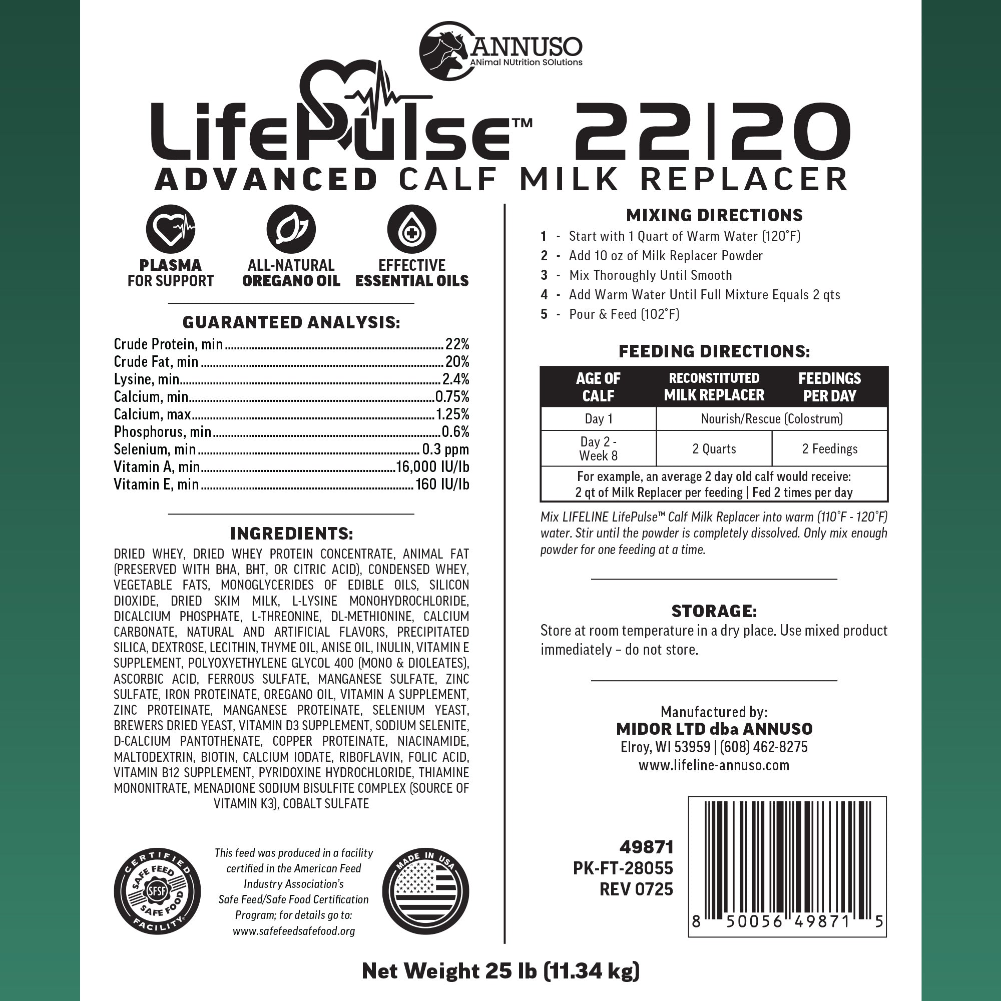 ANNUSO LIFELINE Calf Milk Replacer 22:20, 25lb Bag