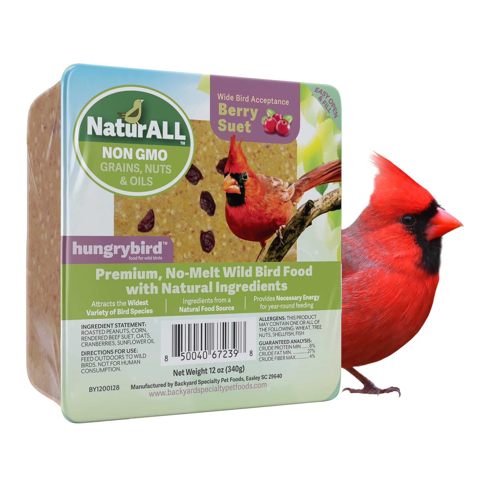 Hungrybird NaturAll Non-GMO, High-Protein Berry Suet Cake for Wild Bird Feeders