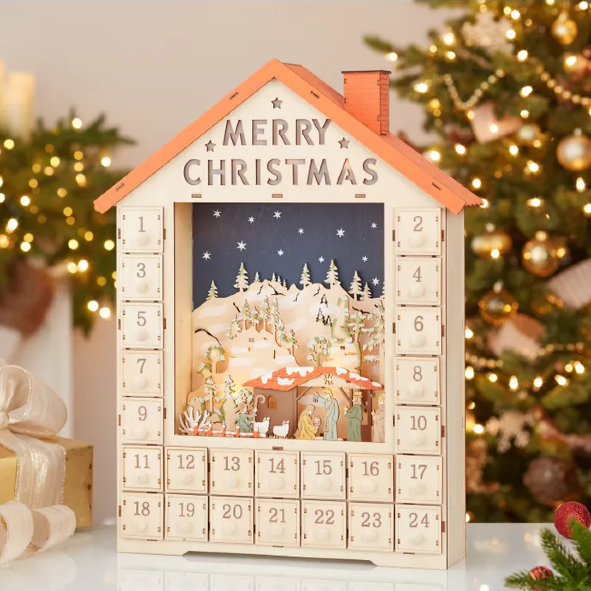 Kurt Adler Battery Operated LED-Lit Advent Calendar House Nativity Scene, 19"