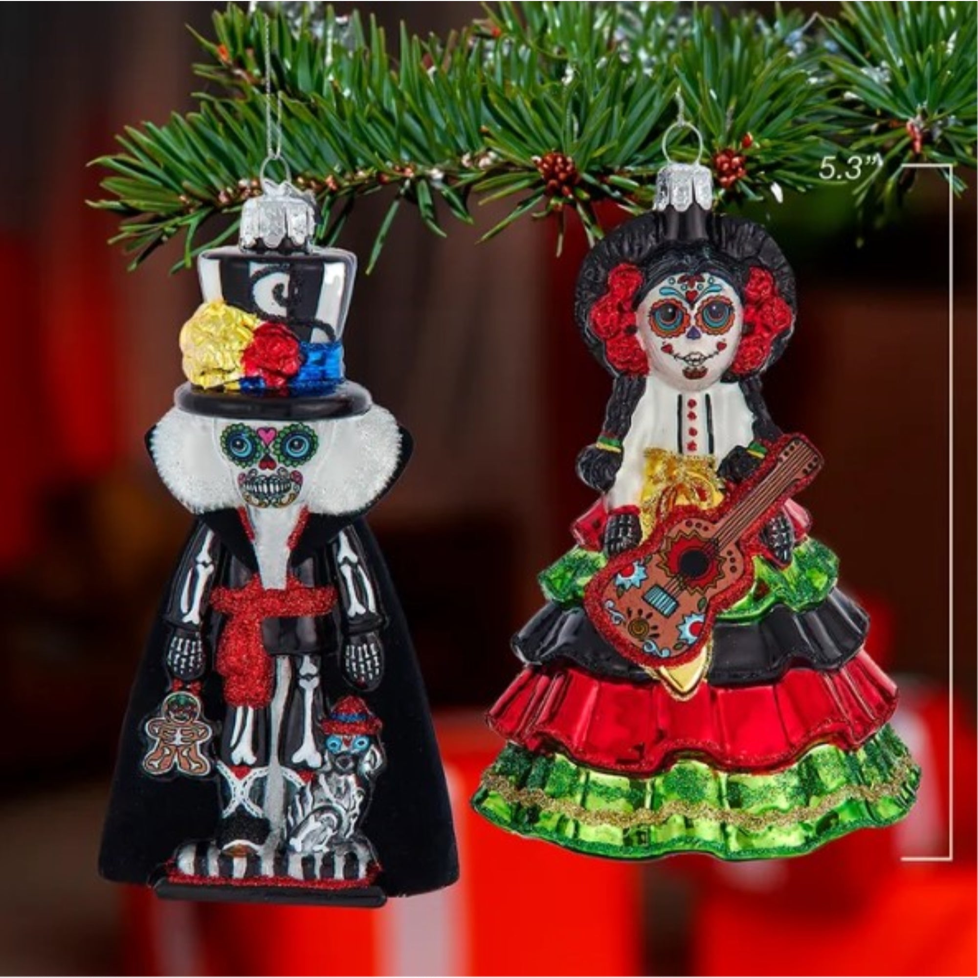 Kurt Adler Noble Gems Glass Ornaments for Christmas Tree, Day of The Dead Girl & Boy, Assorted (Pack of 2)