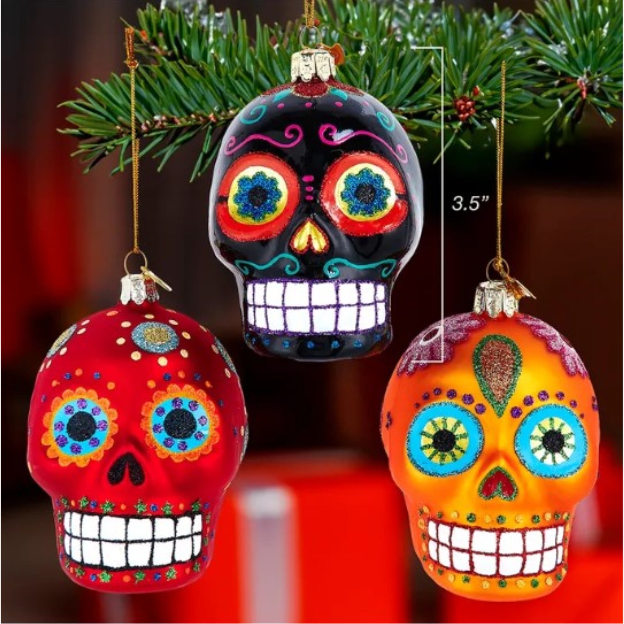 Kurt Adler Noble Gems Glass Ornaments for Christmas Tree, Sugar Skulls, Assorted (Set of 3)