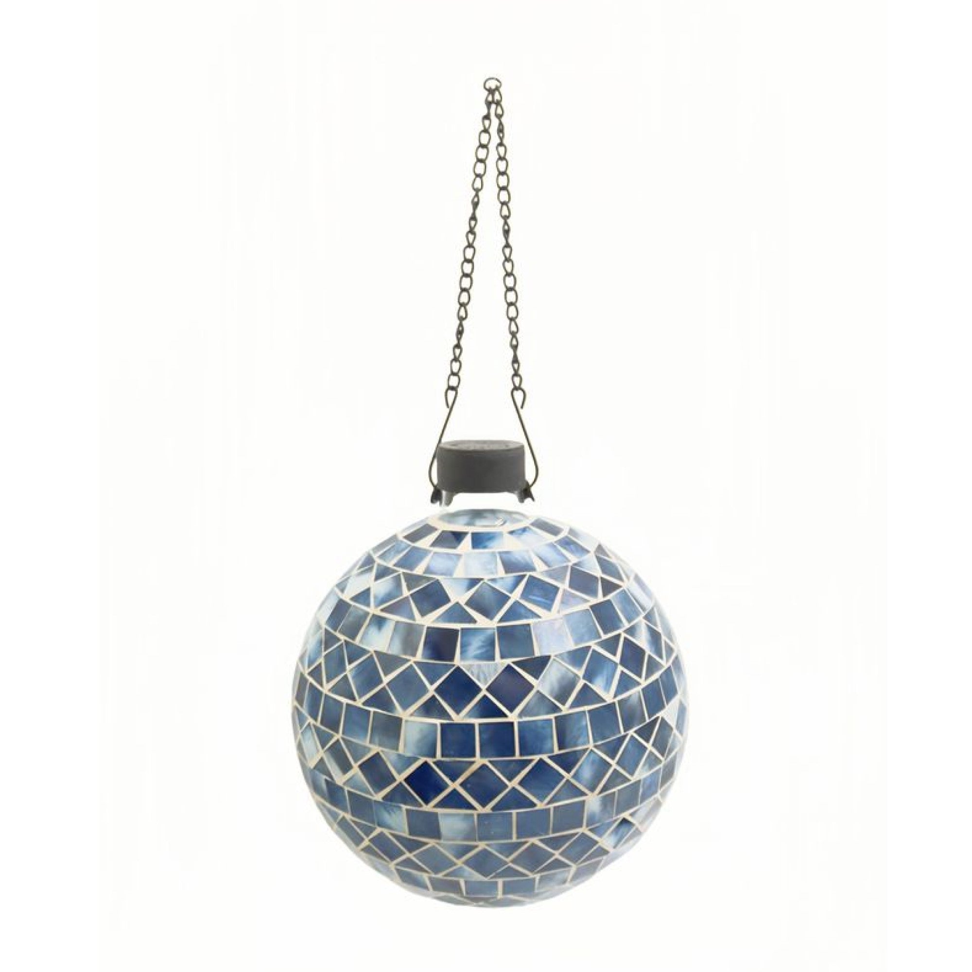 Very Cool Stuff Mosaic Glass Gazing Globe with Hanging Chain, Blue Triangle & Square Tile, 10in