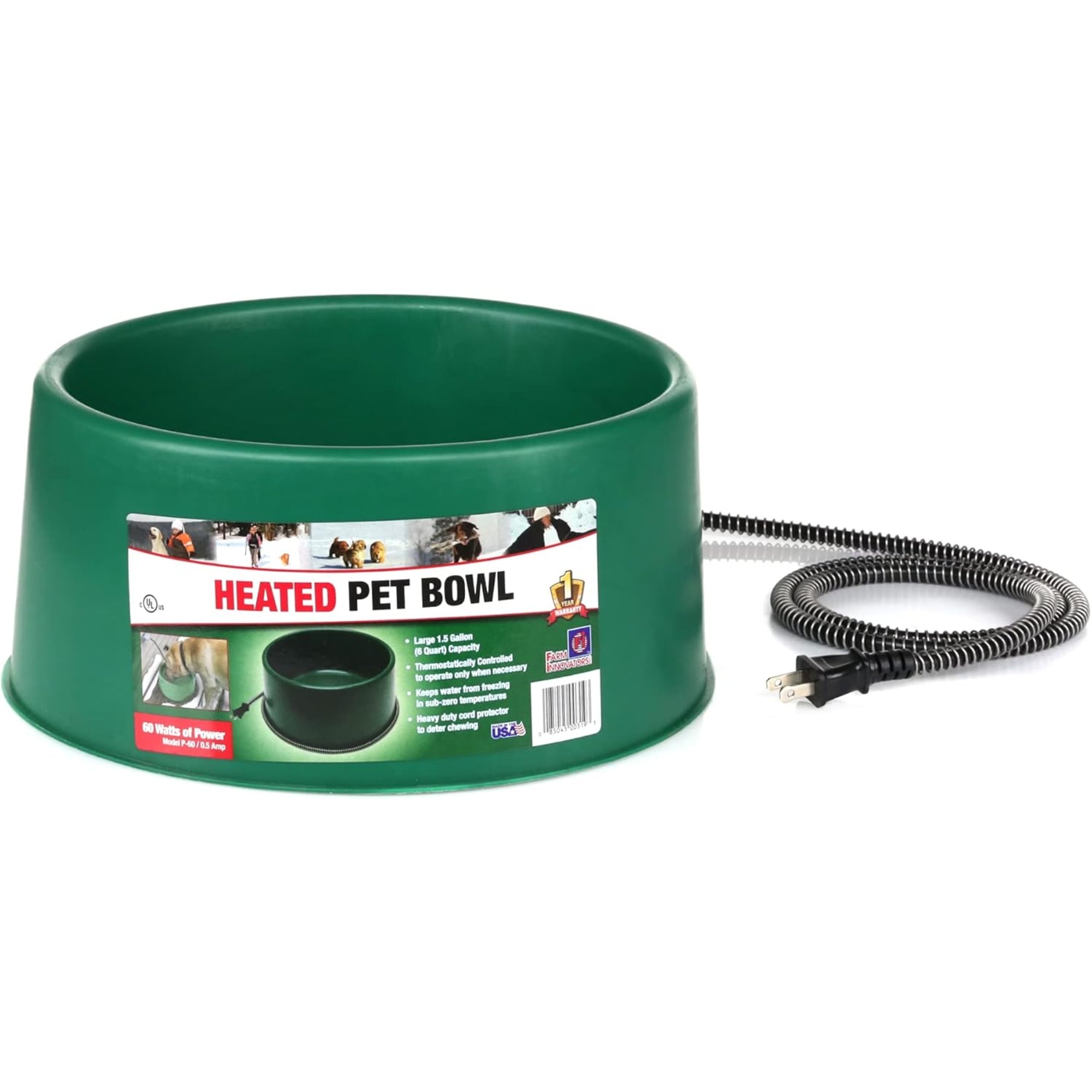 Farm Innovators 60W Round Heated Pet Bowl – Thermostatic, Anti-Chew Cord, Green, 1.5 Gallon