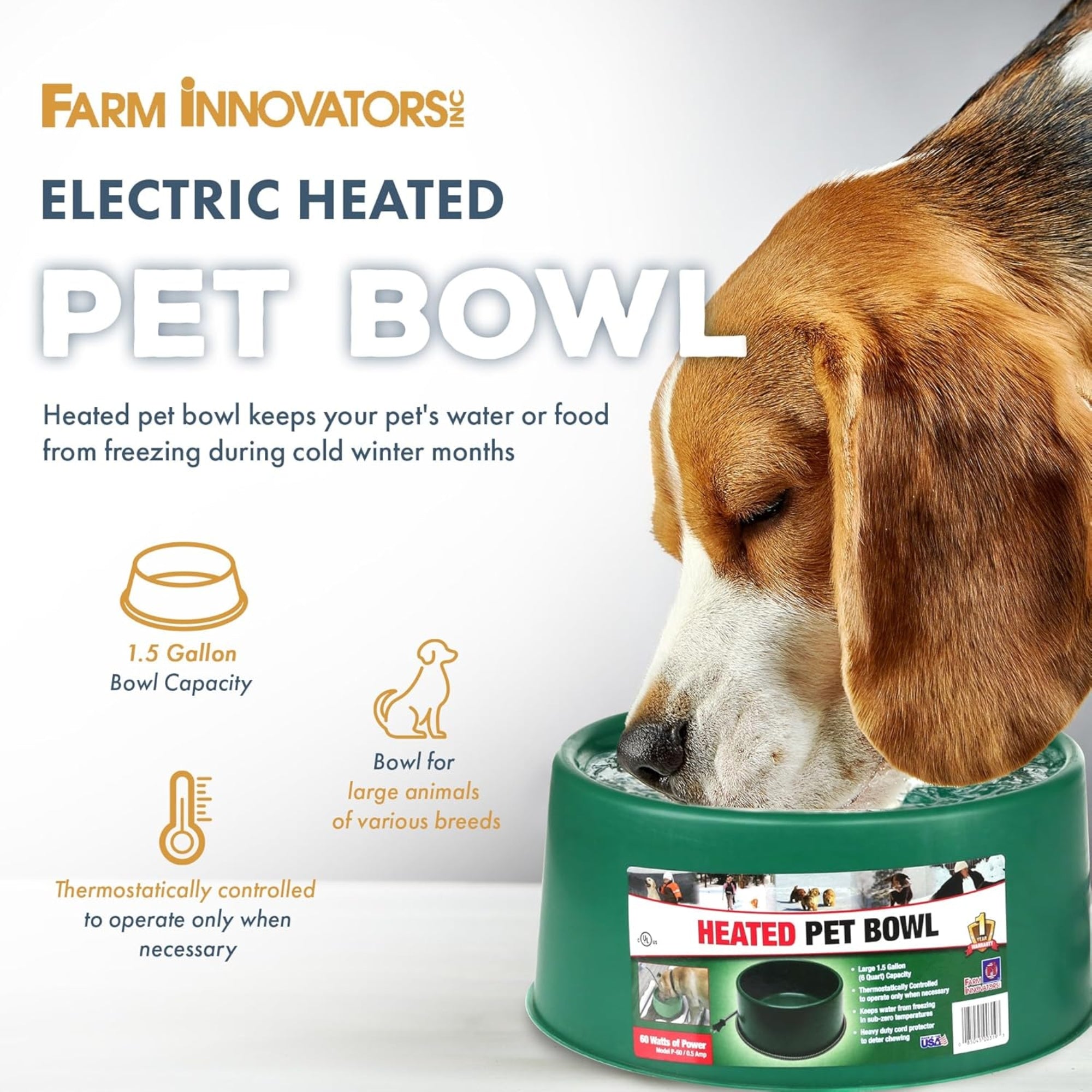 Farm Innovators 60W Round Heated Pet Bowl – Thermostatic, Anti-Chew Cord, Green, 1.5 Gallon