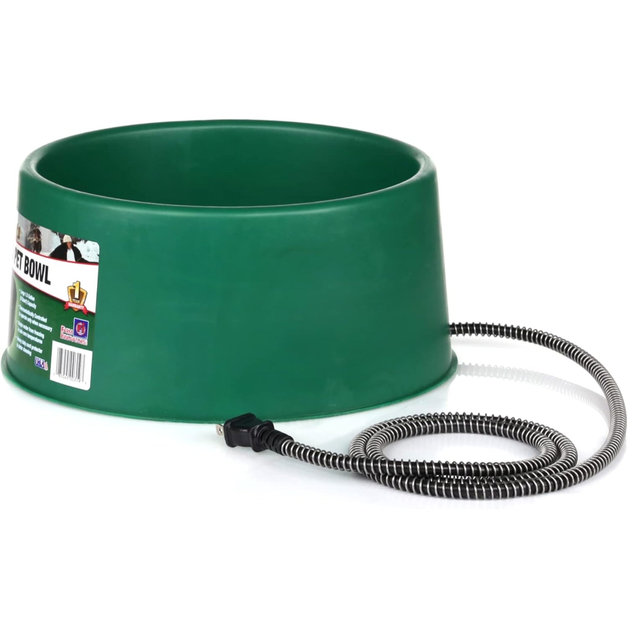 Farm Innovators 60W Round Heated Pet Bowl – Thermostatic, Anti-Chew Cord, Green, 1.5 Gallon