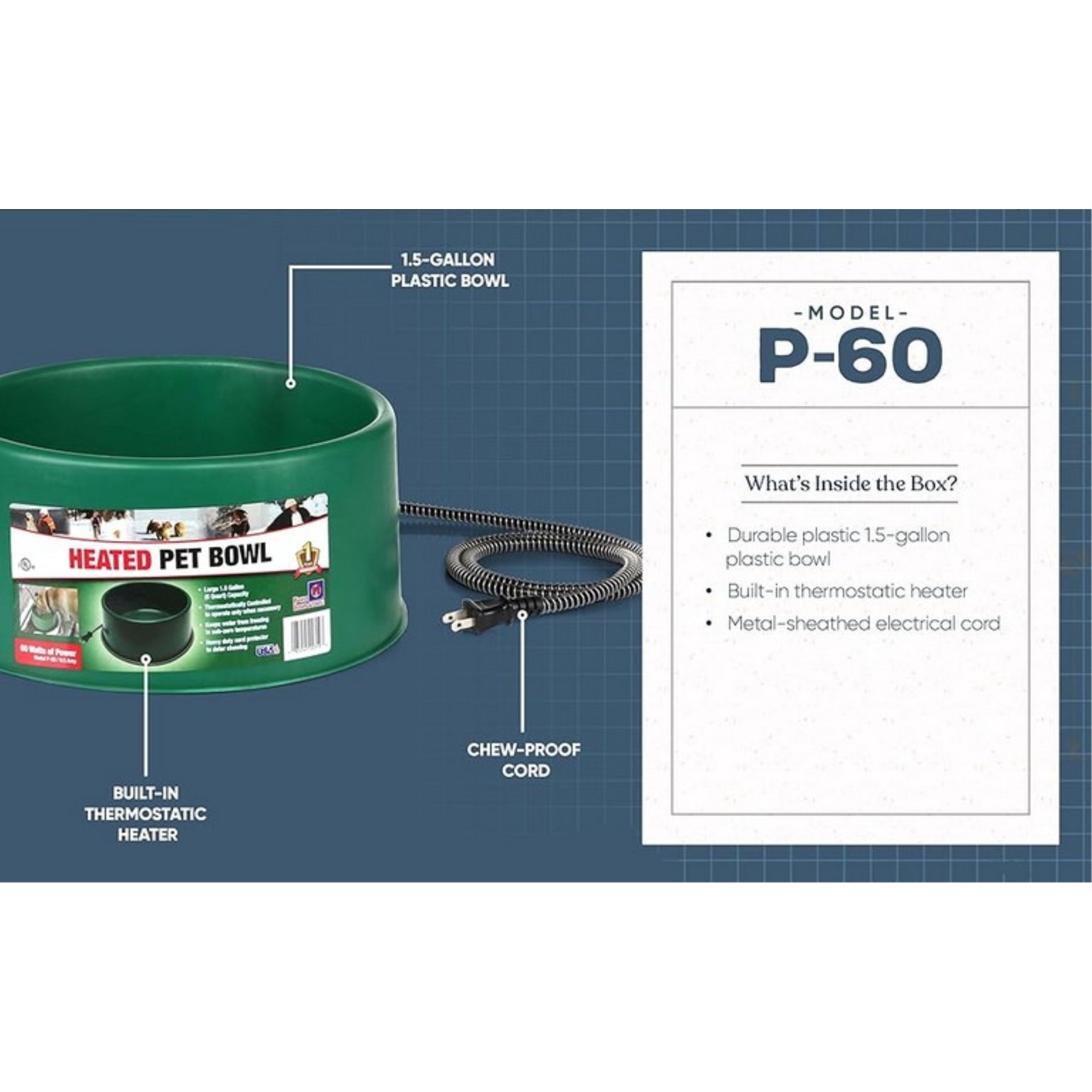 Farm Innovators 60W Round Heated Pet Bowl – Thermostatic, Anti-Chew Cord, Green, 1.5 Gallon