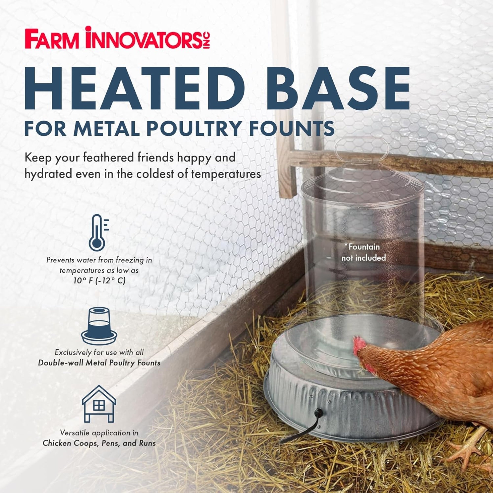 Farm Innovators Heated Base for Metal Poultry Founts – 125W Thermostatic Freeze Prevention for Coops, Pens & Runs