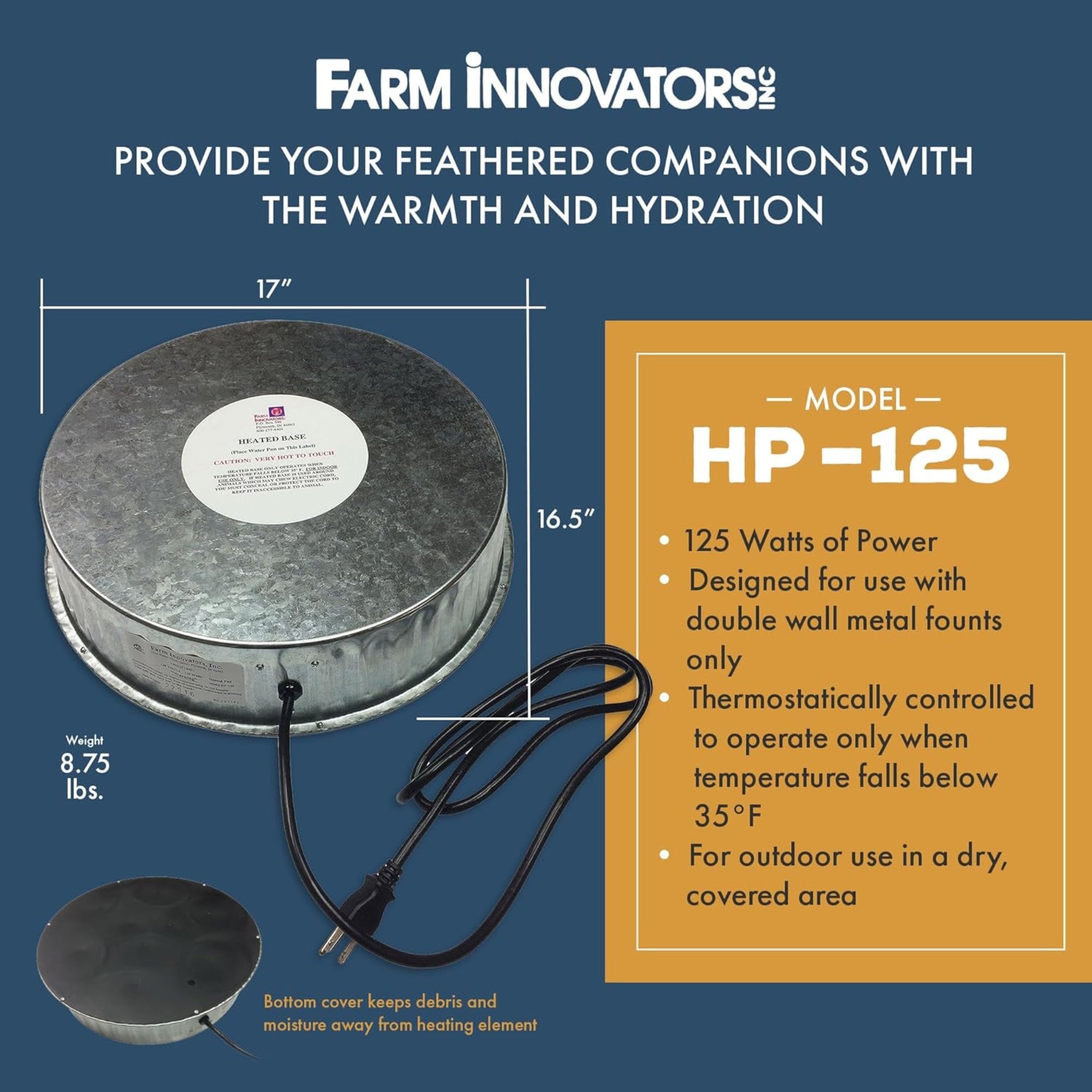 Farm Innovators Heated Base for Metal Poultry Founts – 125W Thermostatic Freeze Prevention for Coops, Pens & Runs