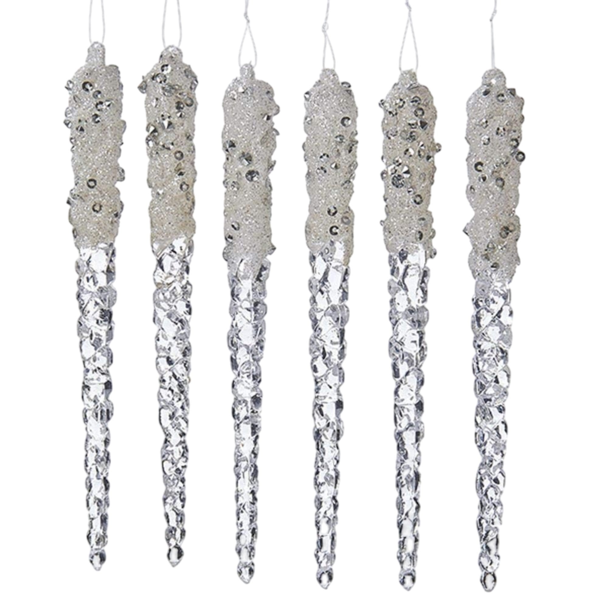 Kurt Adler Acrylic Ornament for Christmas Tree, Glittered Icicles (Pack of 6)