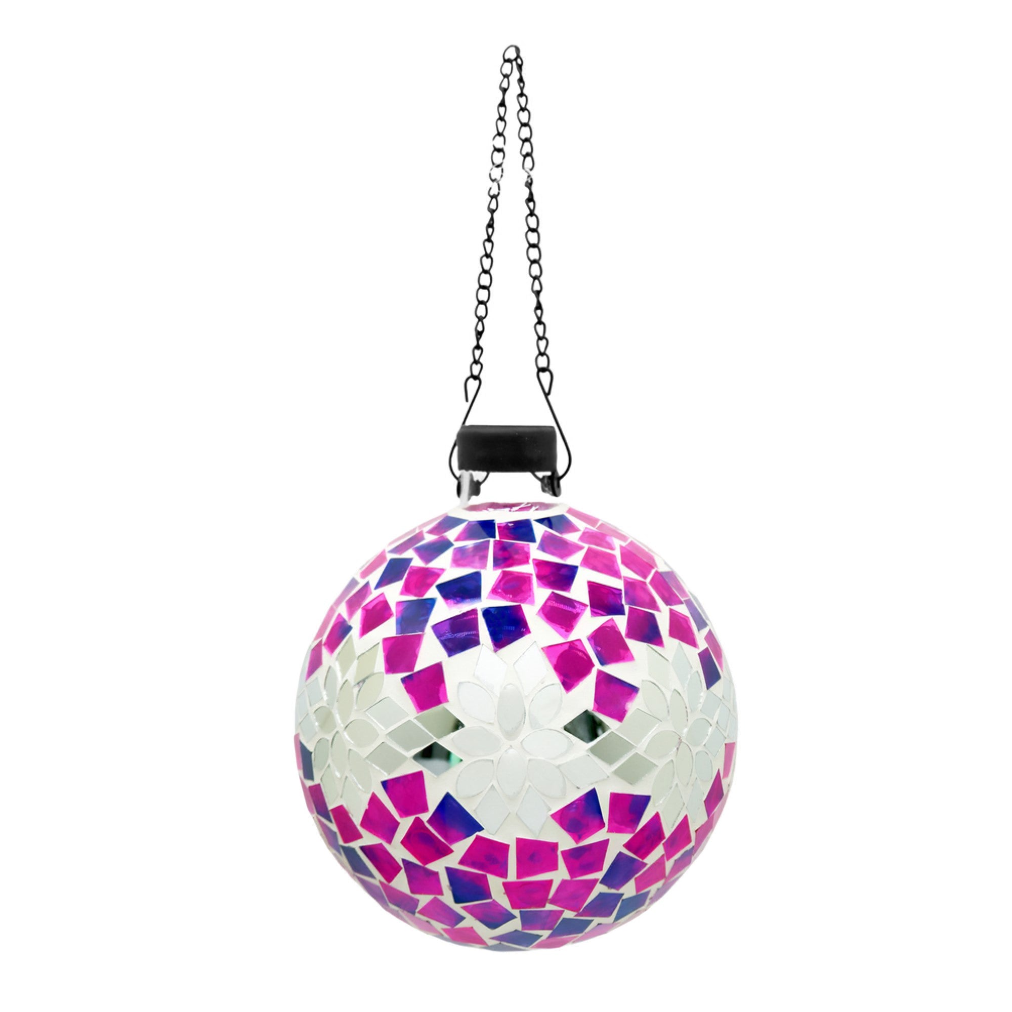 Very Cool Stuff Mosaic Glass Gazing Globe with Hanging Chain, Silver & Pink Floral Tile, 10in