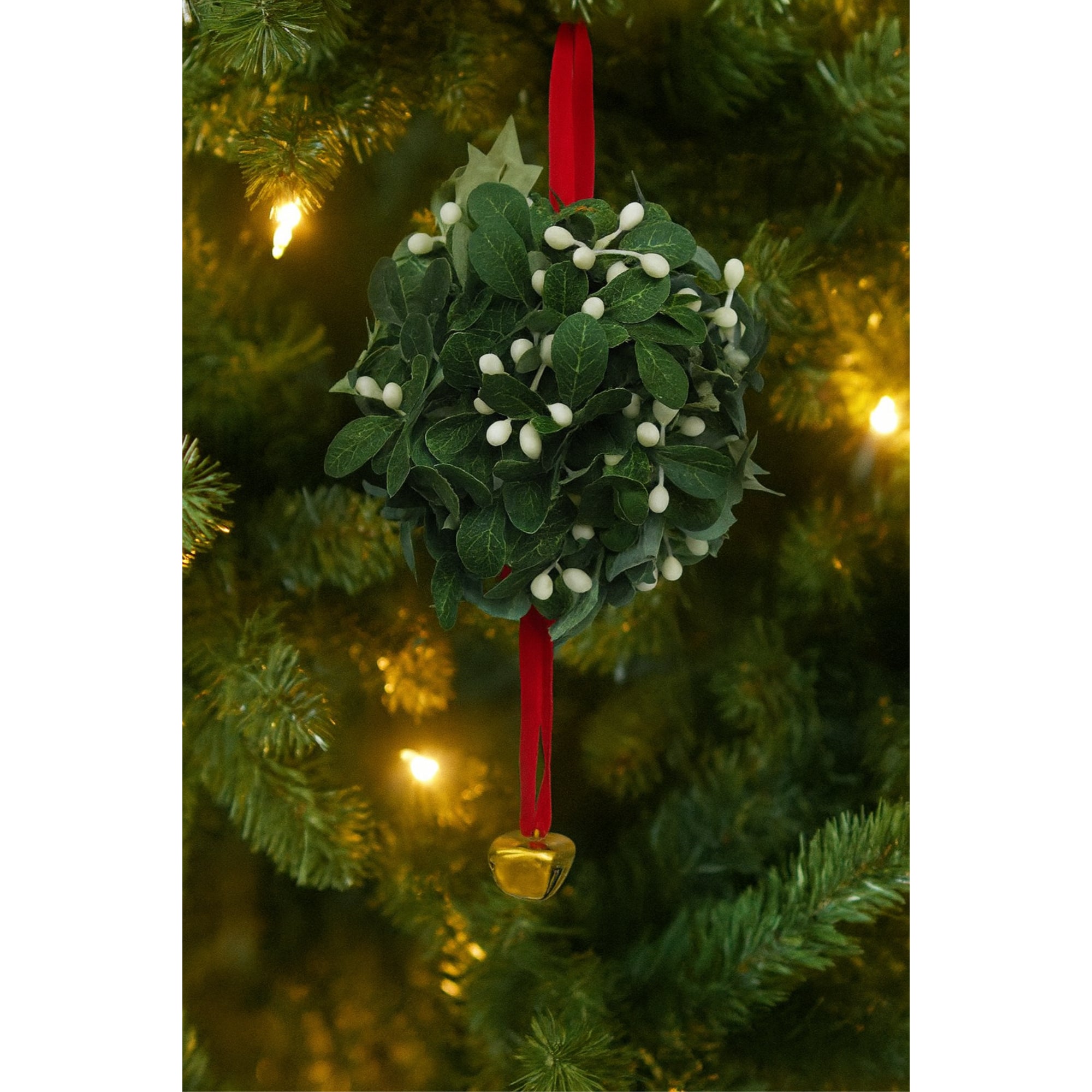 Kurt Adler Plastic Hanging Ornament, Mistletoe Ball with Red Ribbon & Gold Jingle Bell, 9"