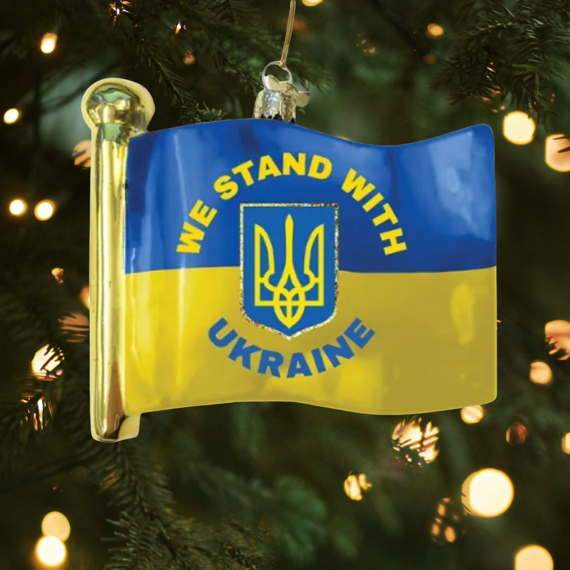 Kurt Adler Glass "We Stand With Ukraine" Flag Ornament