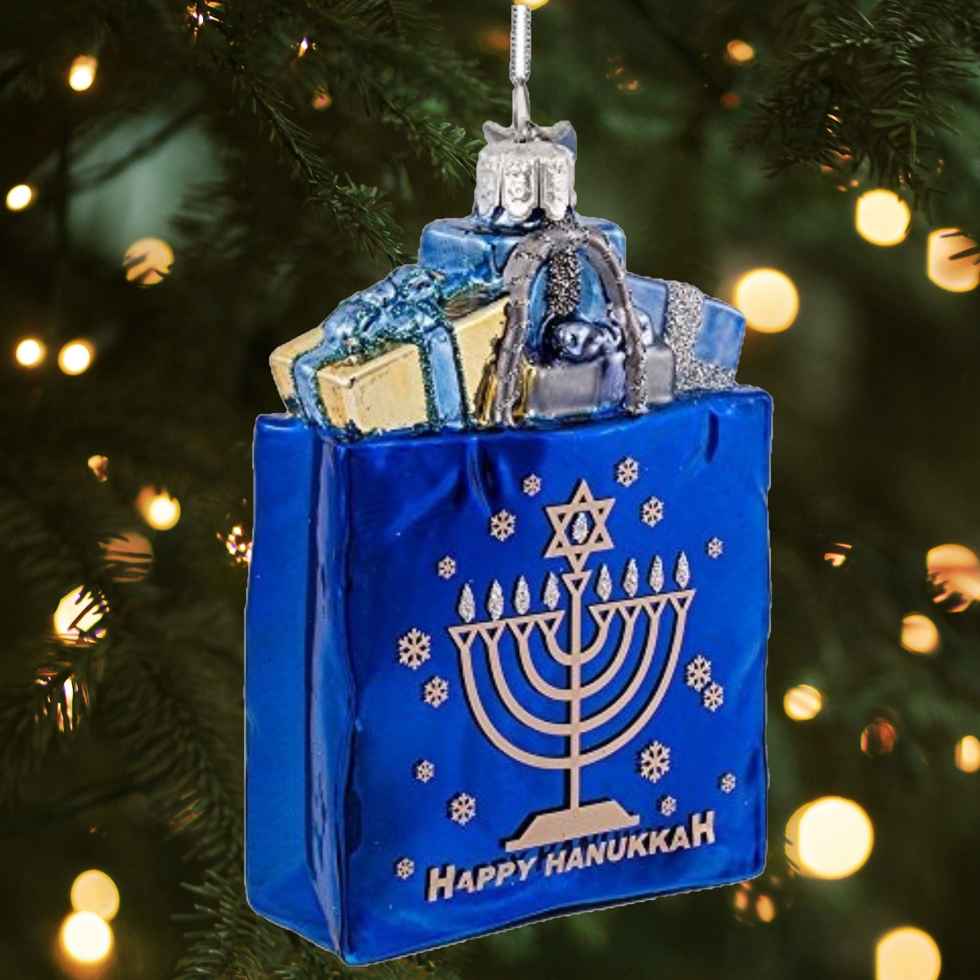 Kurt Adler Noble Gems Glass Ornament for Christmas Tree, Happy Hanukkah Gift Bag