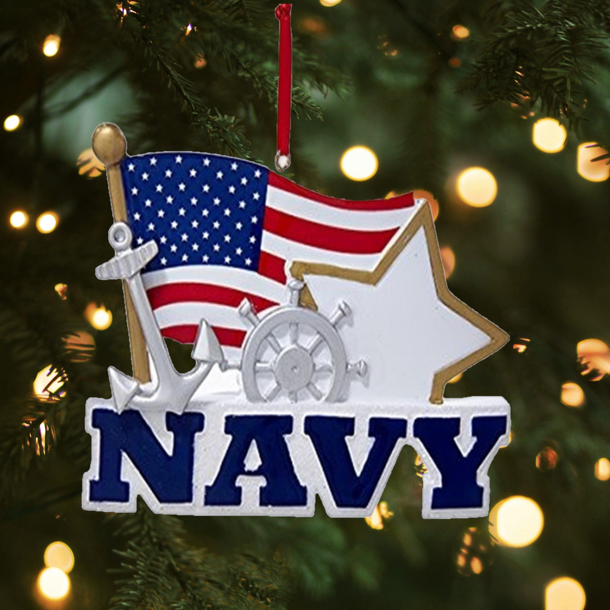 Kurt Adler Resin Ornament for Christmas Tree, Navy with American Flag and Star