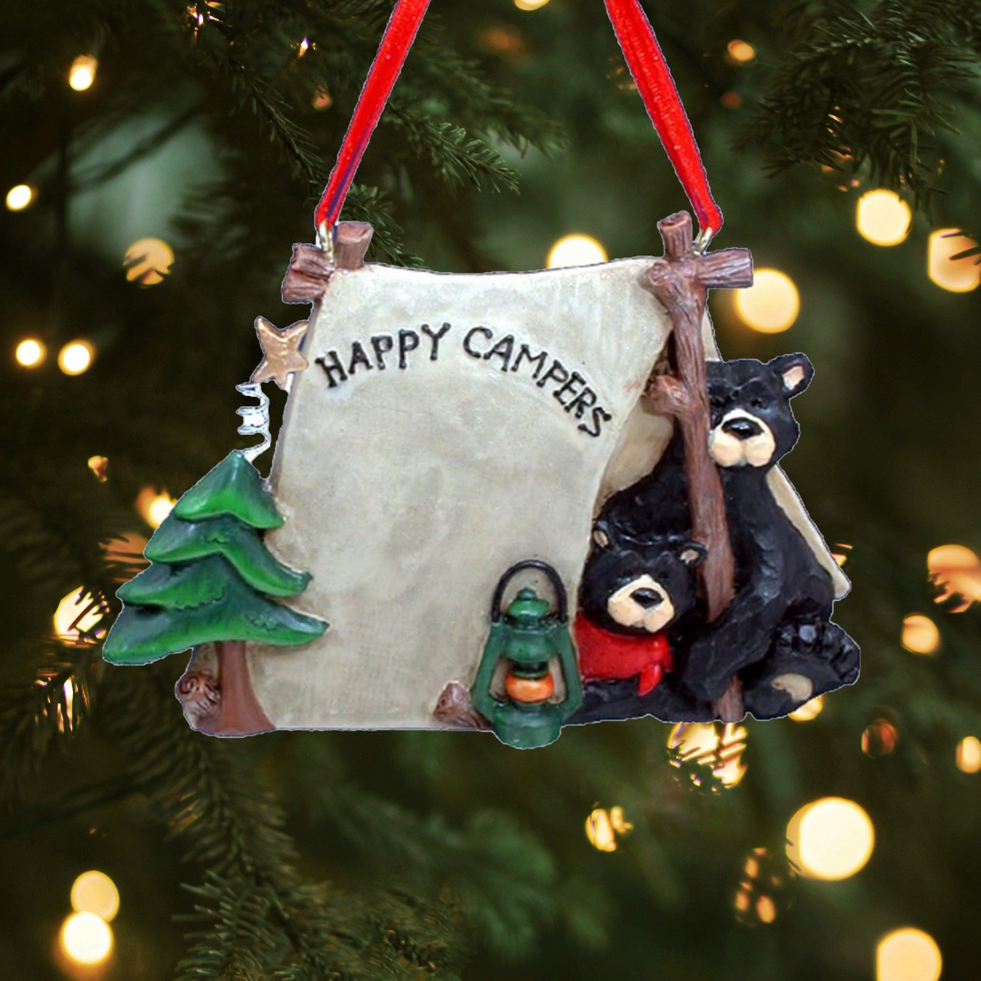 Kurt Adler Resin Ornament for Christmas Tree, Black Bears in a Tent
