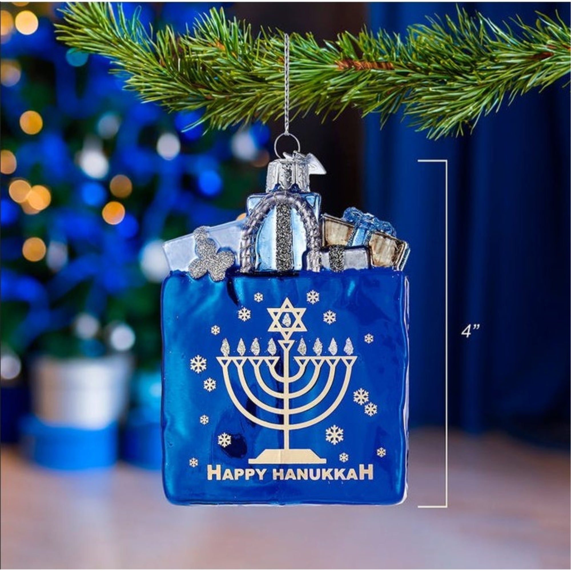 Kurt Adler Noble Gems Glass Ornament for Christmas Tree, Happy Hanukkah Gift Bag