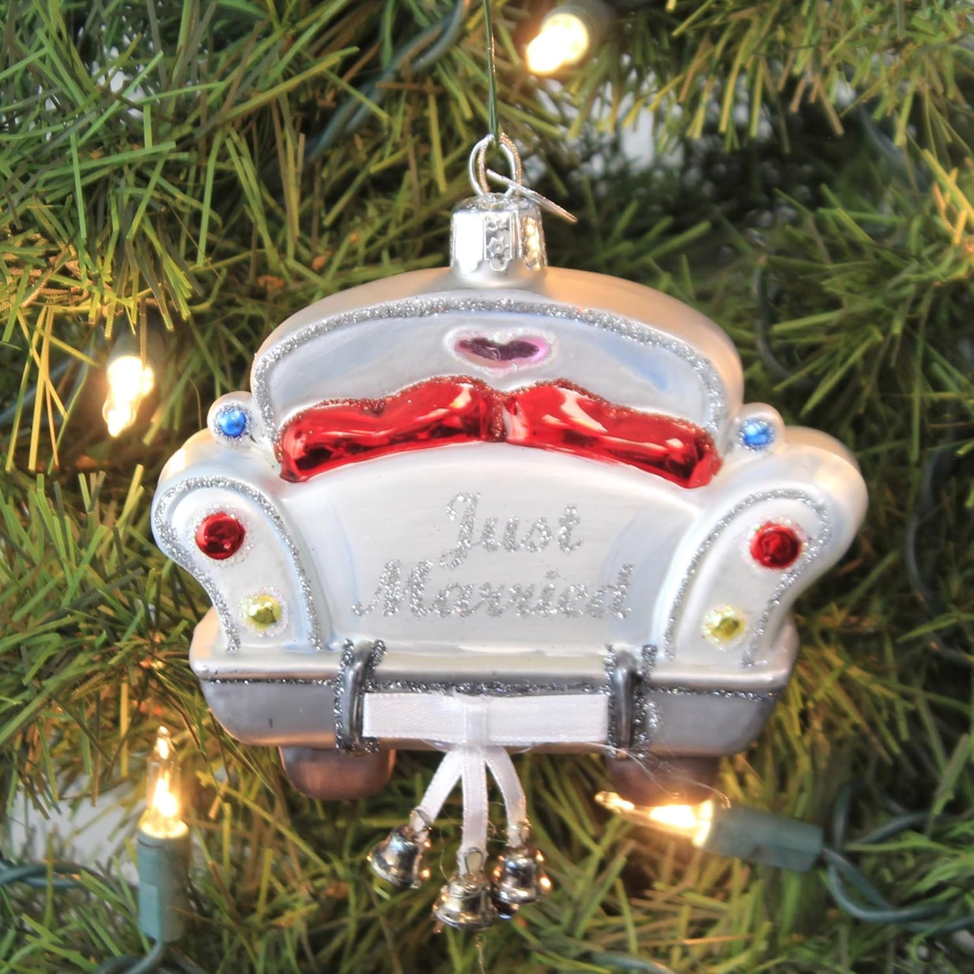Kurt Adler Noble Gems Glass Ornament for Christmas Tree, Just Married Car with Bells