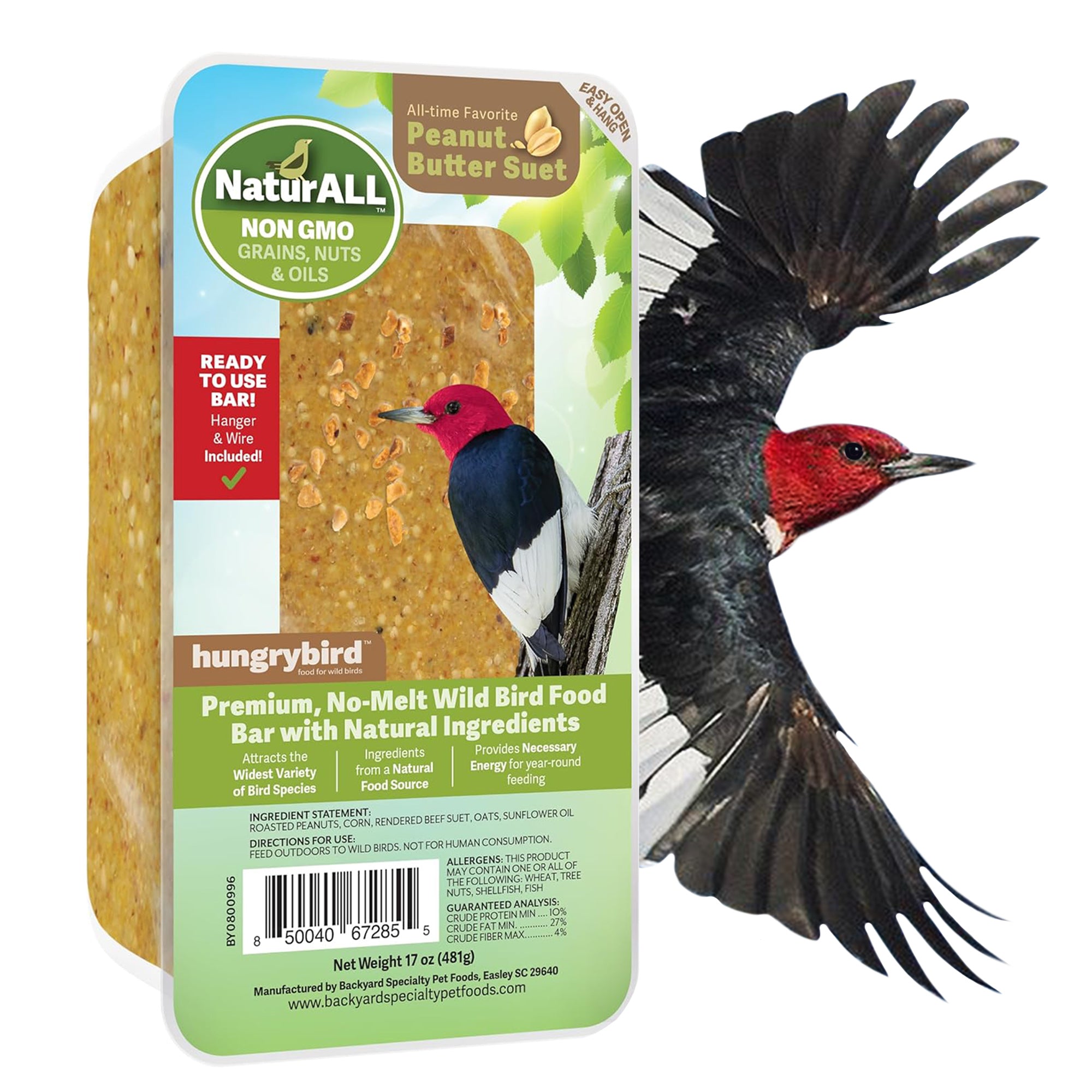 Hungrybird NaturAll Non-GMO, High-Protein Suet Bar with Peanut Butter Filling