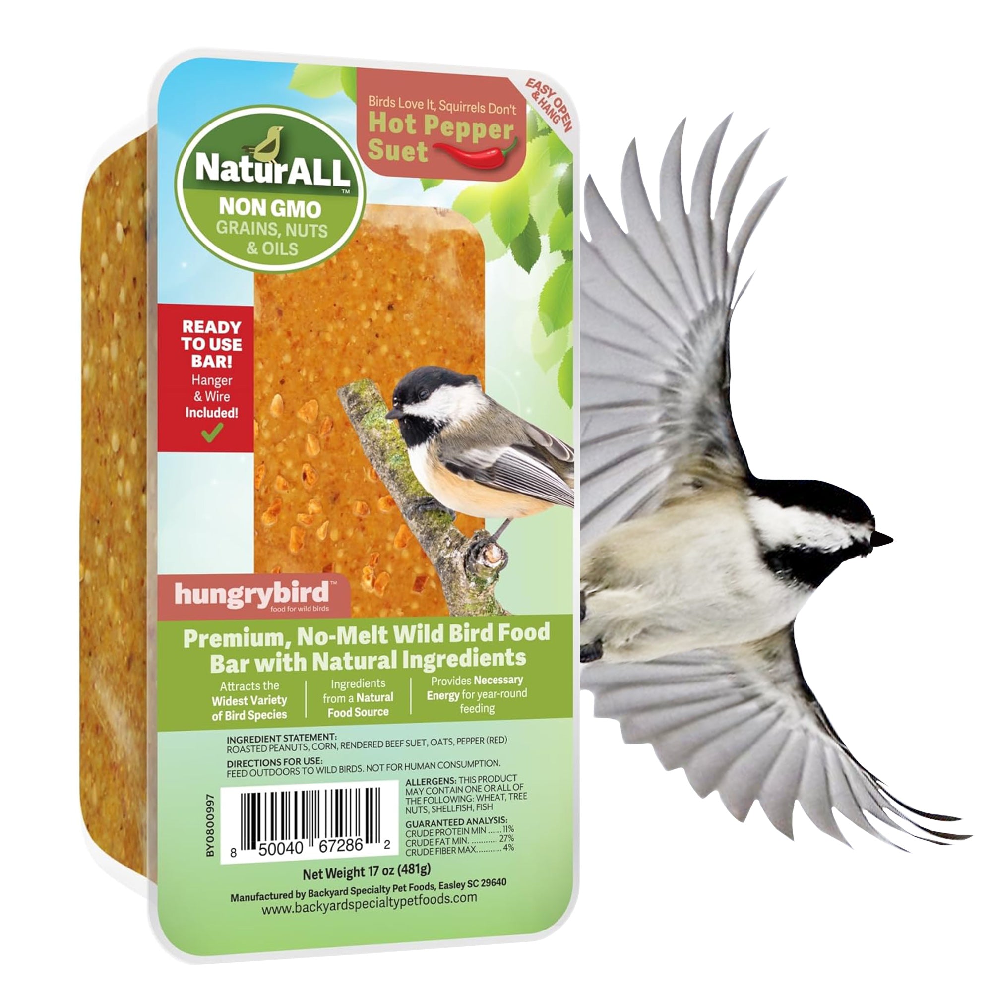 Hungrybird NaturAll Non-GMO, High-Protein Suet Bar with Hot Pepper Filling