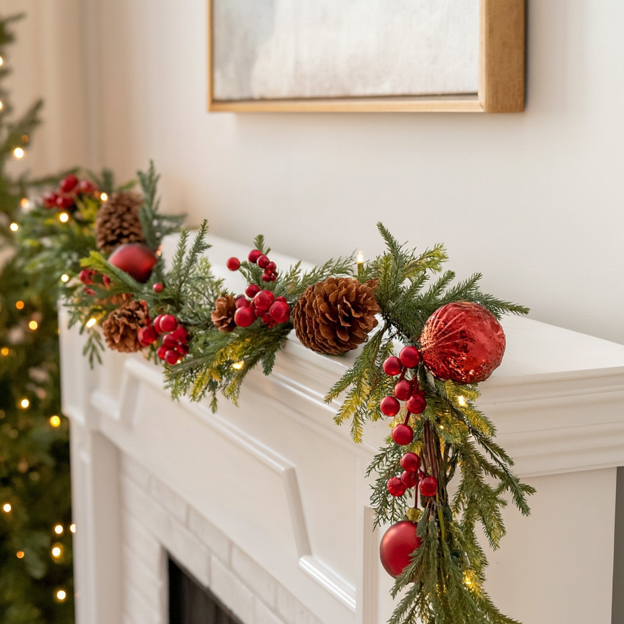 Kurt Adler Rattan Christmas Artificial Garland With Red Ornaments, 6ft