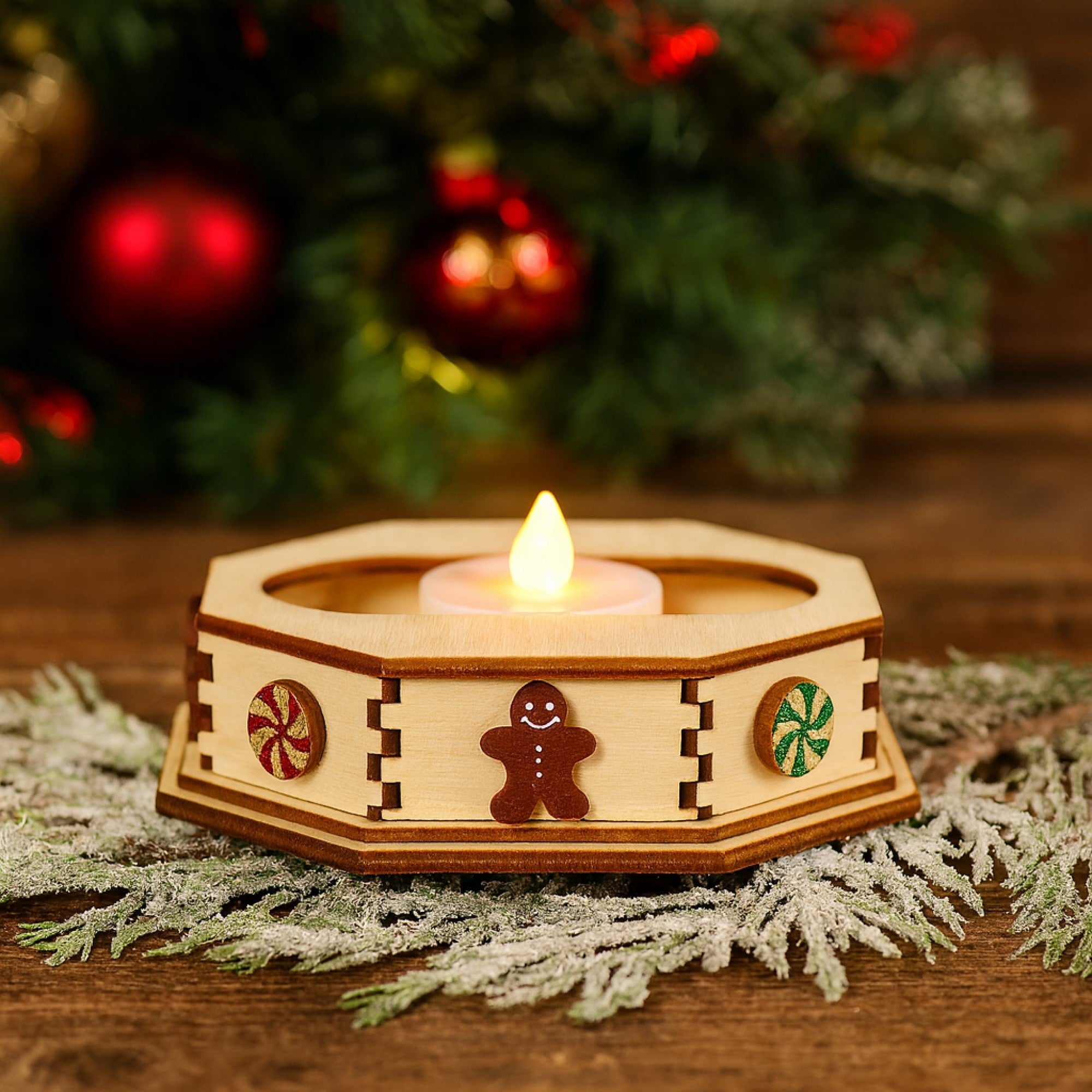 Old World Christmas Wooden Ginger Cottage Battery-Operated Tealight Display, Mint, Small, 4.25"