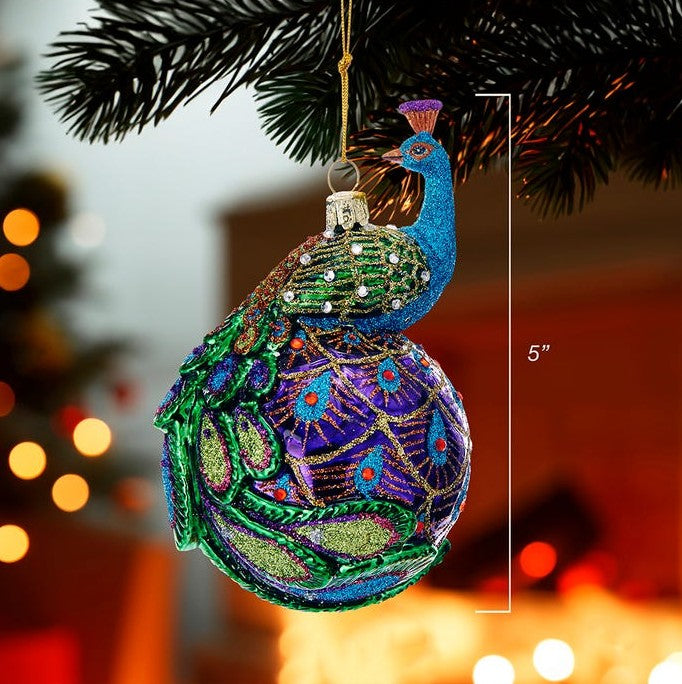 Kurt Adler Noble Gems Glass Ornament for Christmas Tree, Colorful Peacock