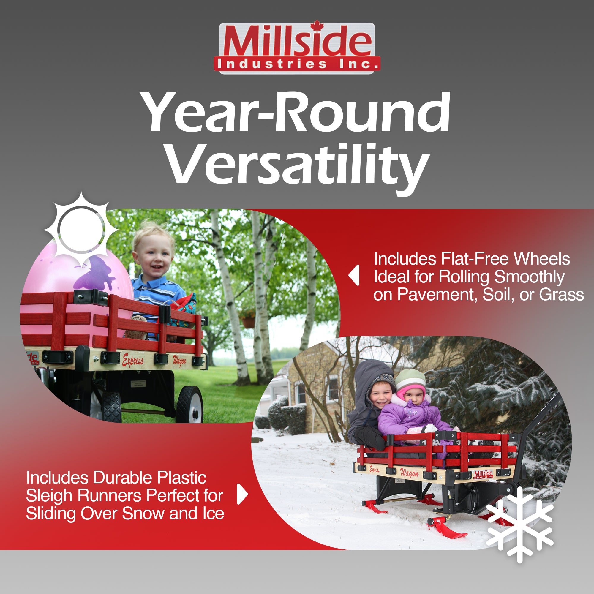 Millside Industries All Season Convertible Wood Wagon Cart with Flat-Free Tires and Sleigh Runners, Red, 16" x 34"