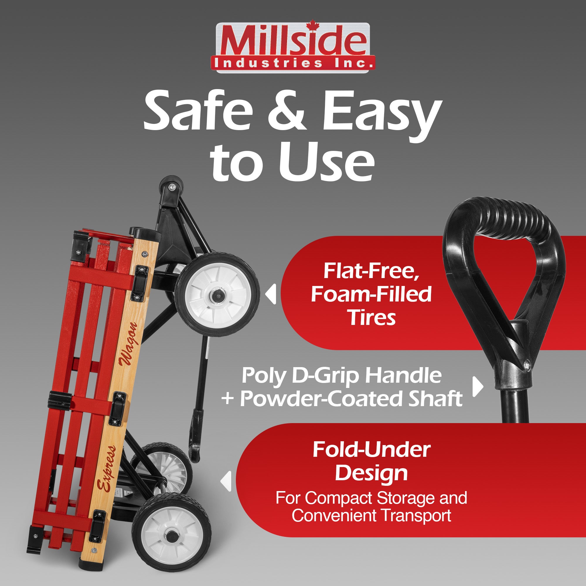 Millside Industries All Season Convertible Wagon Cart with Flat-Free Tires, Sleigh Runners, Side Pads and Half Canopy with Plastic Cover Shield, Red, 16" x 34"