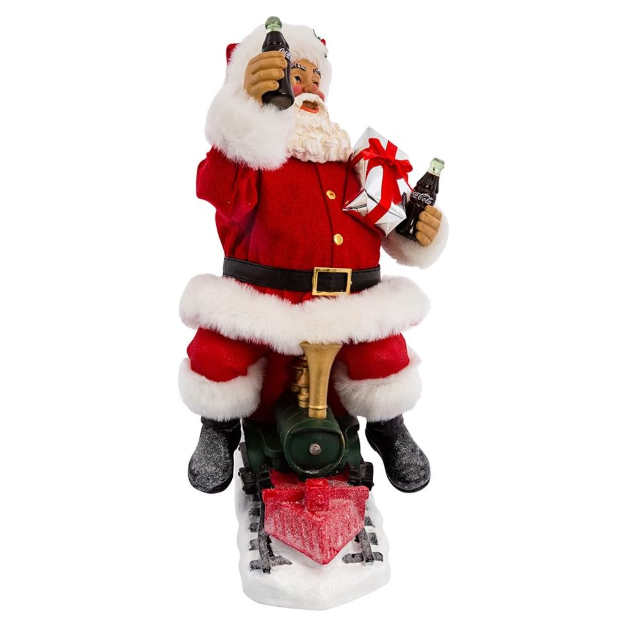 Kurt Adler Fabriche Christmas Figurine, Coca-Cola Santa on Train with LED Garland, 13in