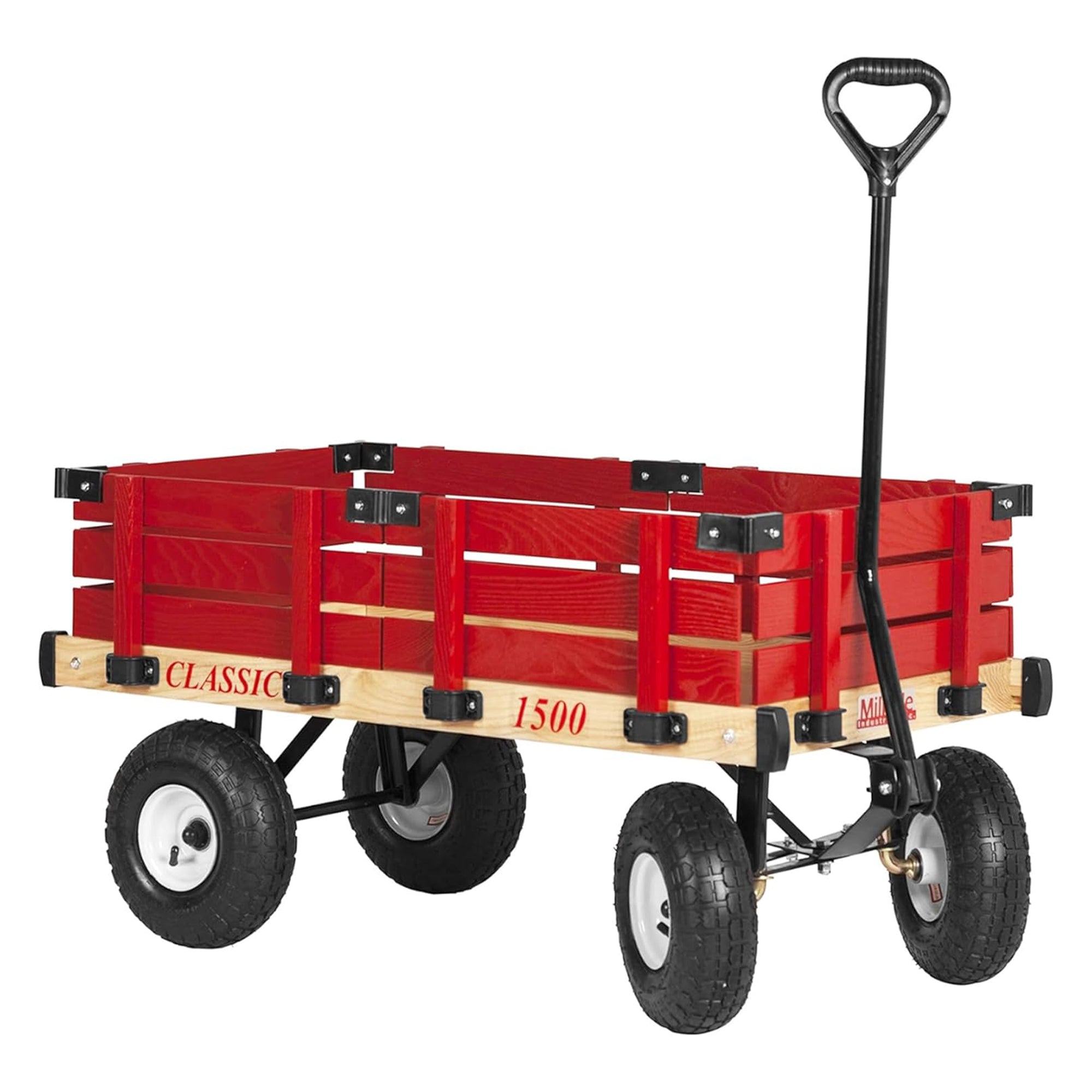 Millside Industries Classic Wood Wagon Cart with Removable Wooden Side Racks and Pneumatic Tires for Outdoor Hauling, Red, 20" x 38"